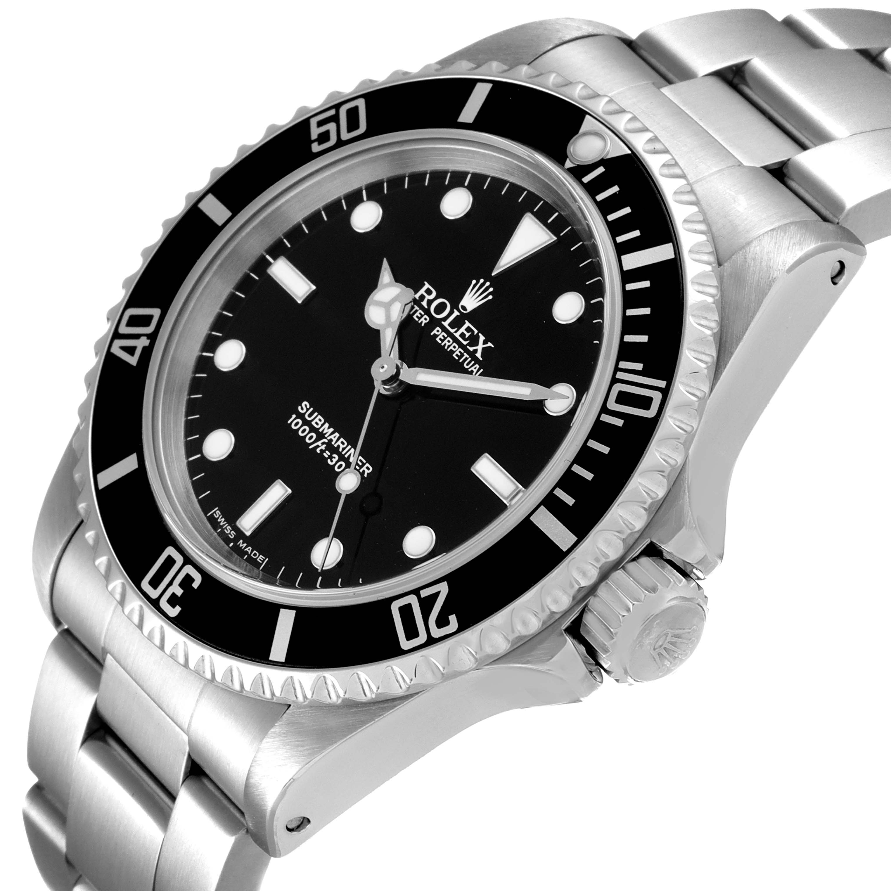 The image shows the Rolex Submariner 14060 Men
s Stainless Steel Black Dial 14060 Men
s Stainless Steel Black Dial watch at an angle showcasing its face, bezel, crown, and part of the bracelet.