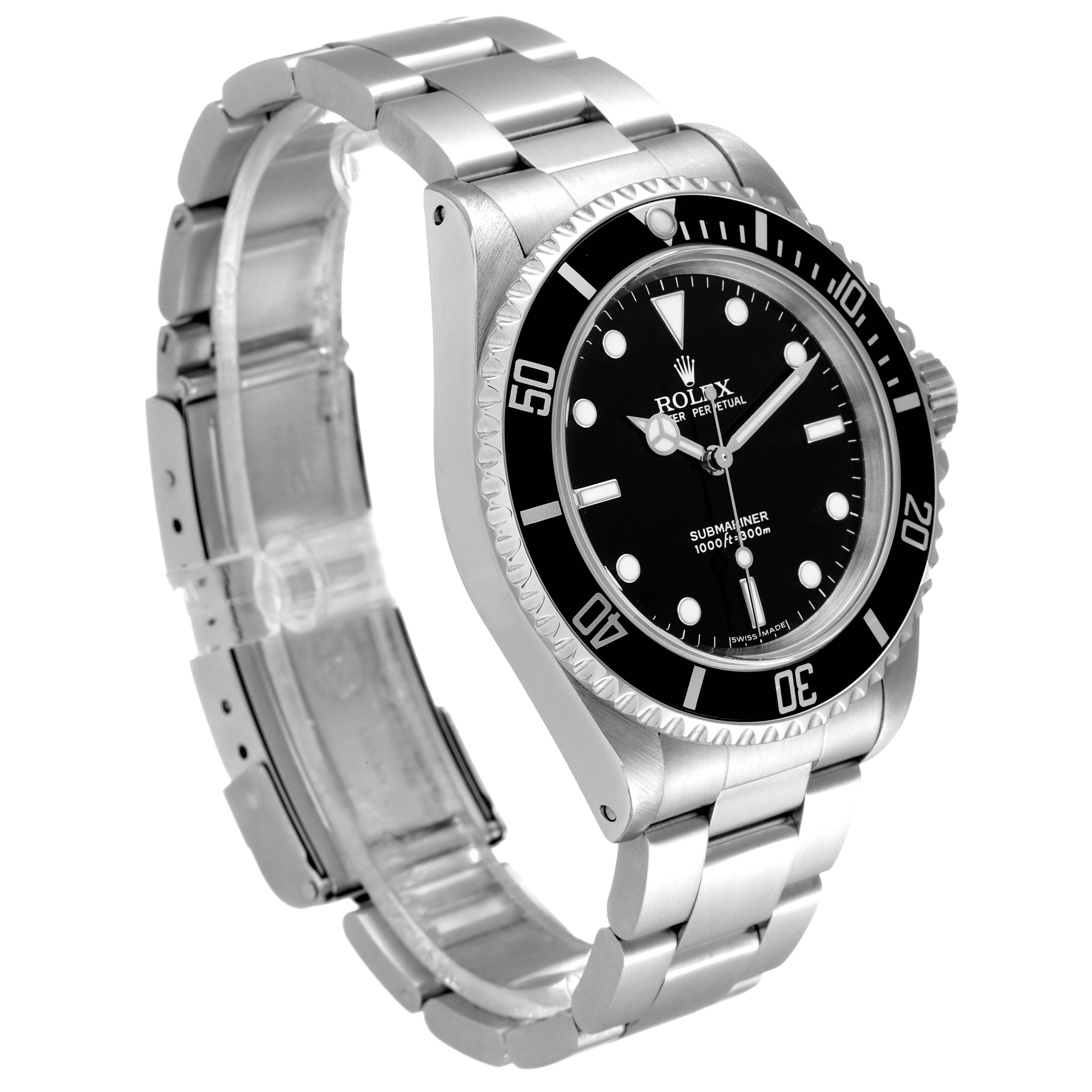 The image shows a side angle view of a Rolex Submariner 14060 Men
s Stainless Steel Black Dial 14060 Men
s Stainless Steel Black Dial, highlighting its bracelet, bezel, and dial.