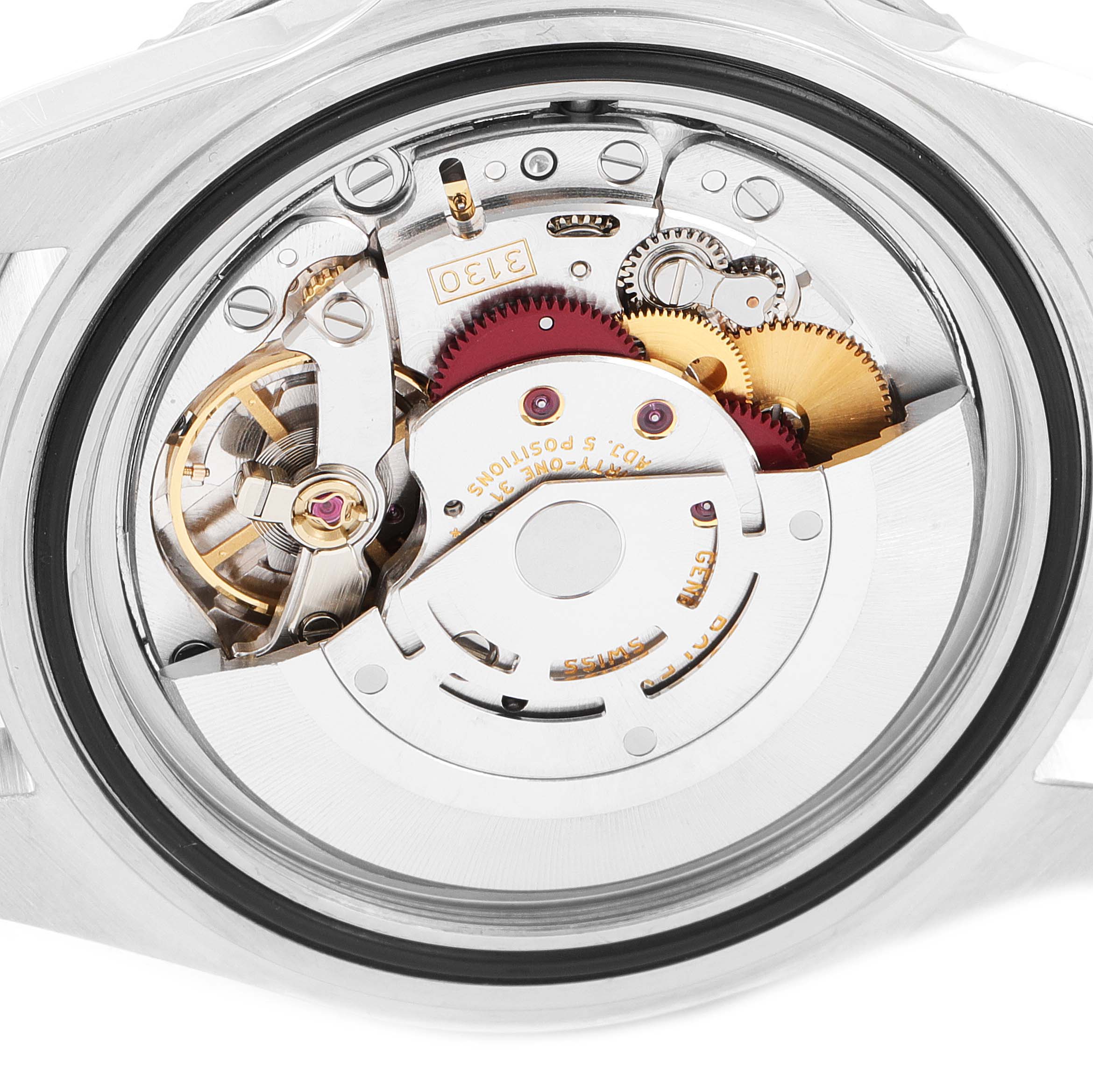 This image shows a close-up of the movement (mechanism) of a Rolex Submariner 14060 Men
s Stainless Steel Black Dial 14060 Men
s Stainless Steel Black Dial watch from the back.