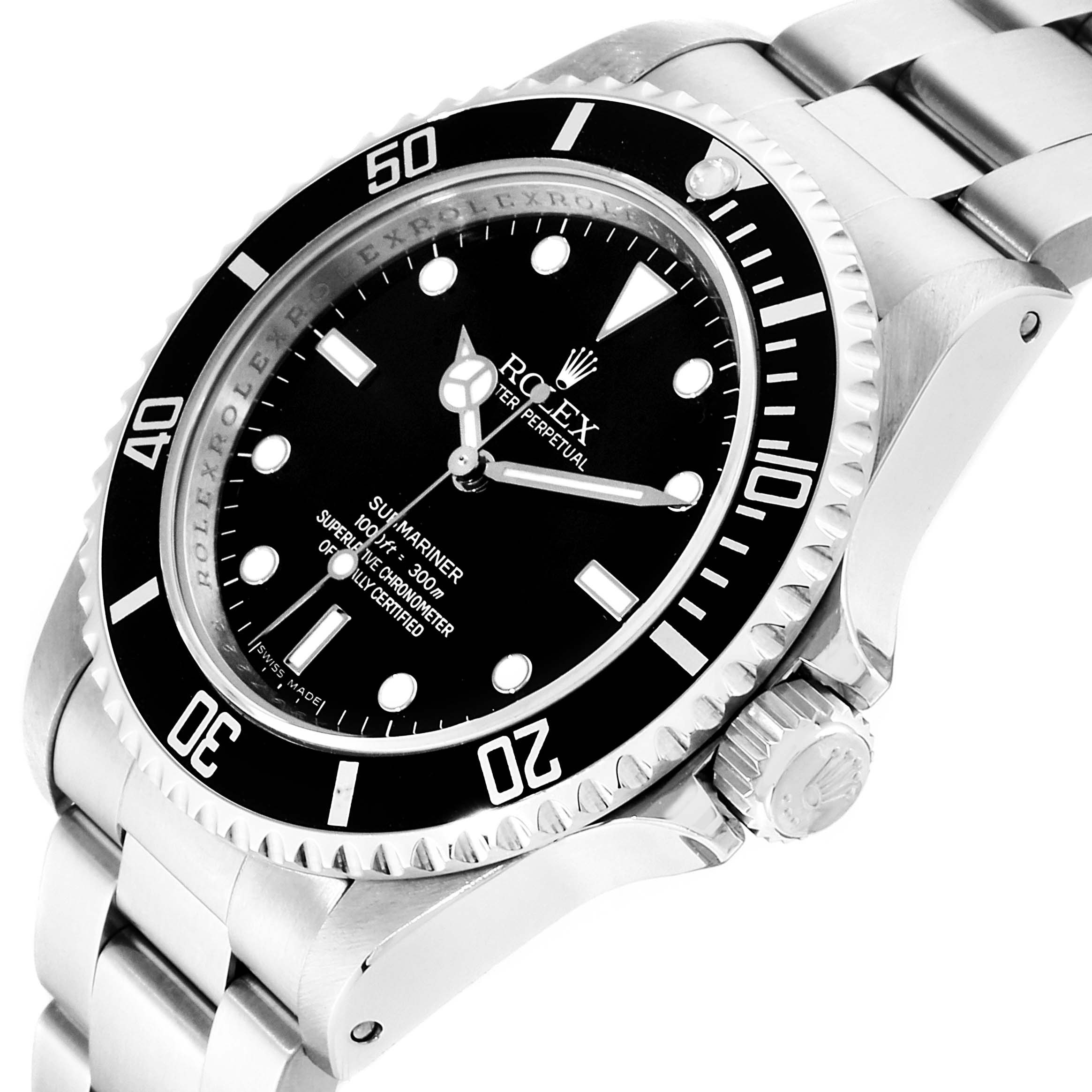 This image shows a close-up angle of a Rolex Submariner 14060M Men
s Stainless Steel Black Dial 14060M Men
s Stainless Steel Black Dial, highlighting its dial, bezel, and part of the bracelet.