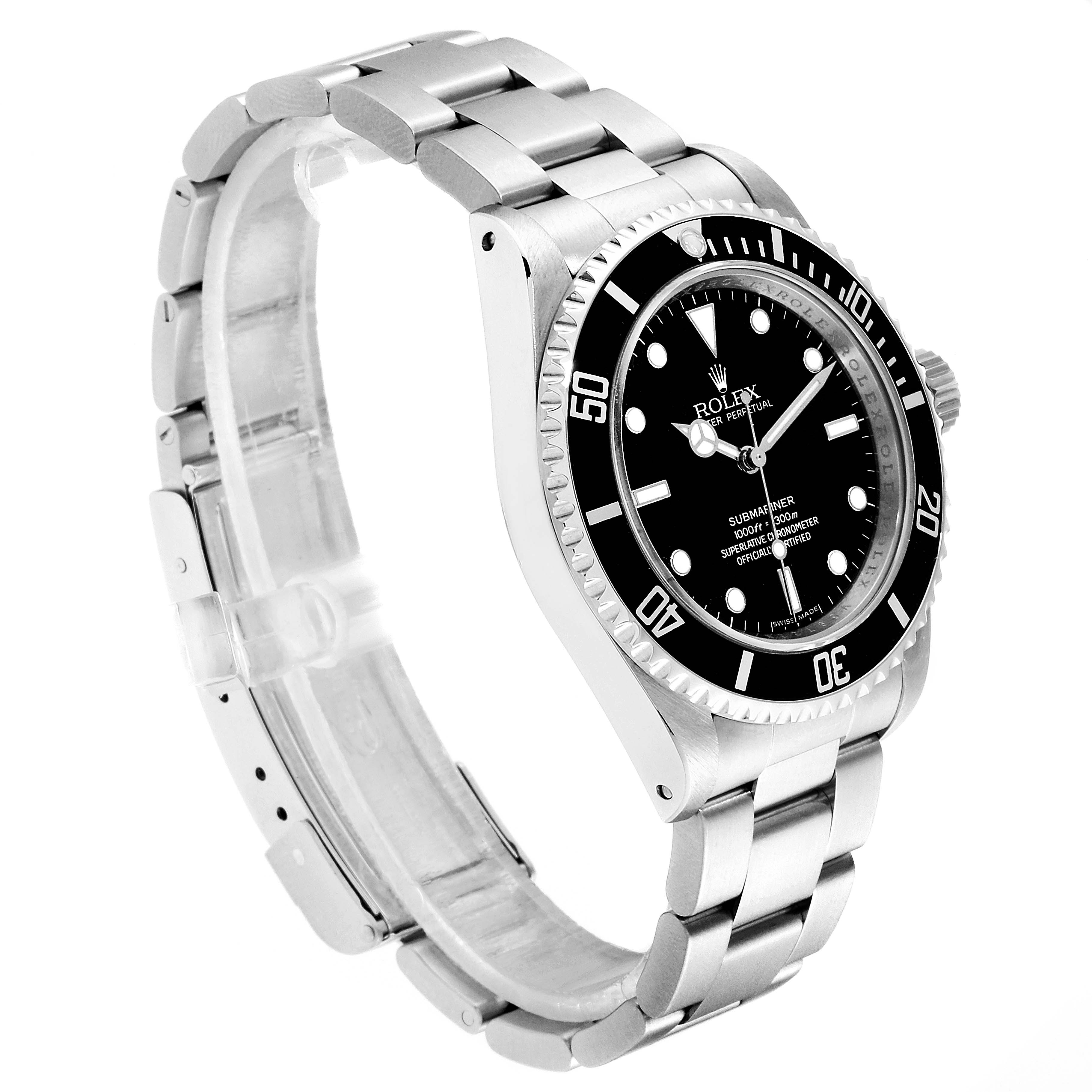 The image shows a Rolex Submariner 14060M Men
s Stainless Steel Black Dial 14060M Men
s Stainless Steel Black Dial watch at an angled side view, highlighting its dial, bezel, and bracelet.