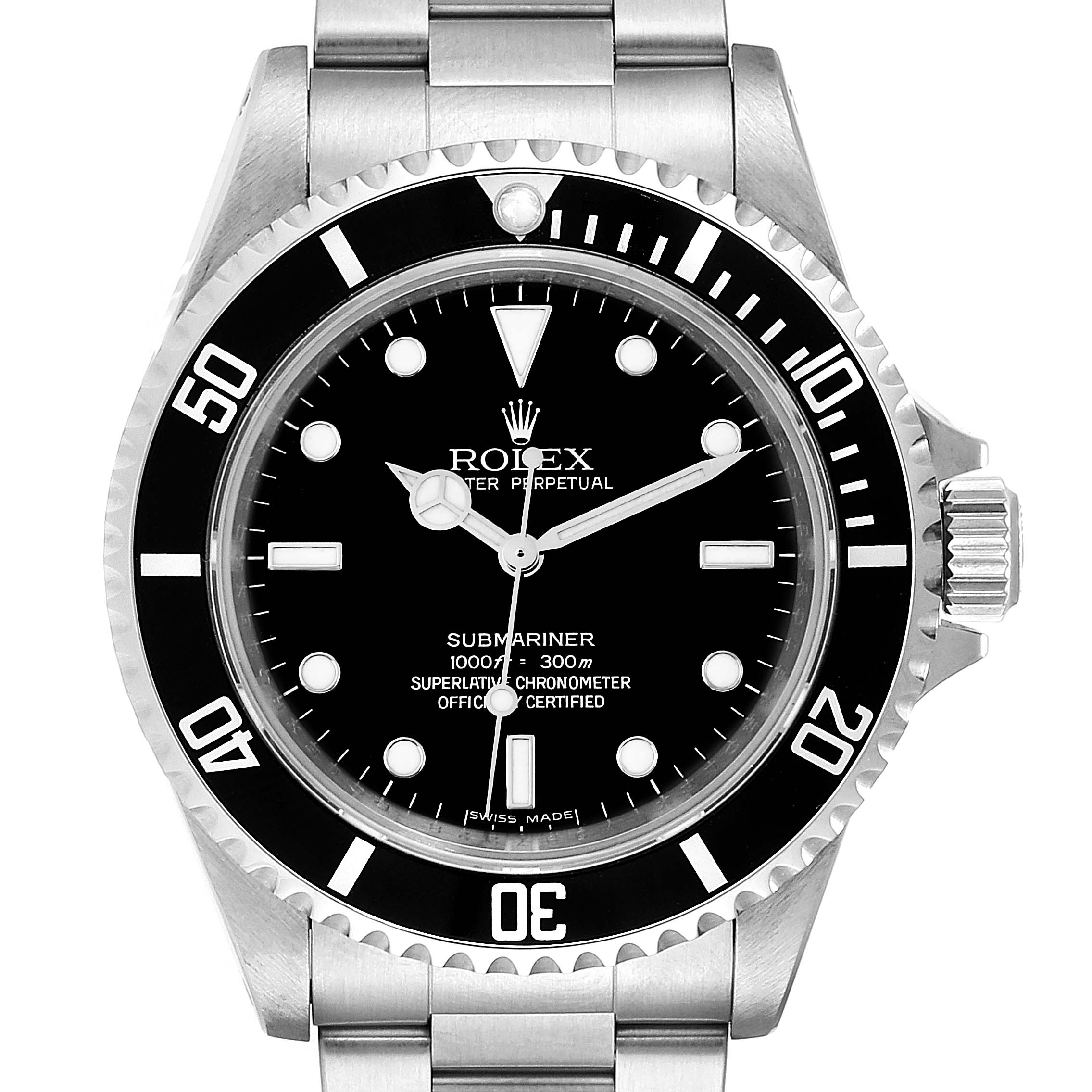 The image shows a front view of a Rolex Submariner 14060M Men
s Stainless Steel Black Dial 14060M Men
s Stainless Steel Black Dial watch, highlighting its dial, bezel, and bracelet.