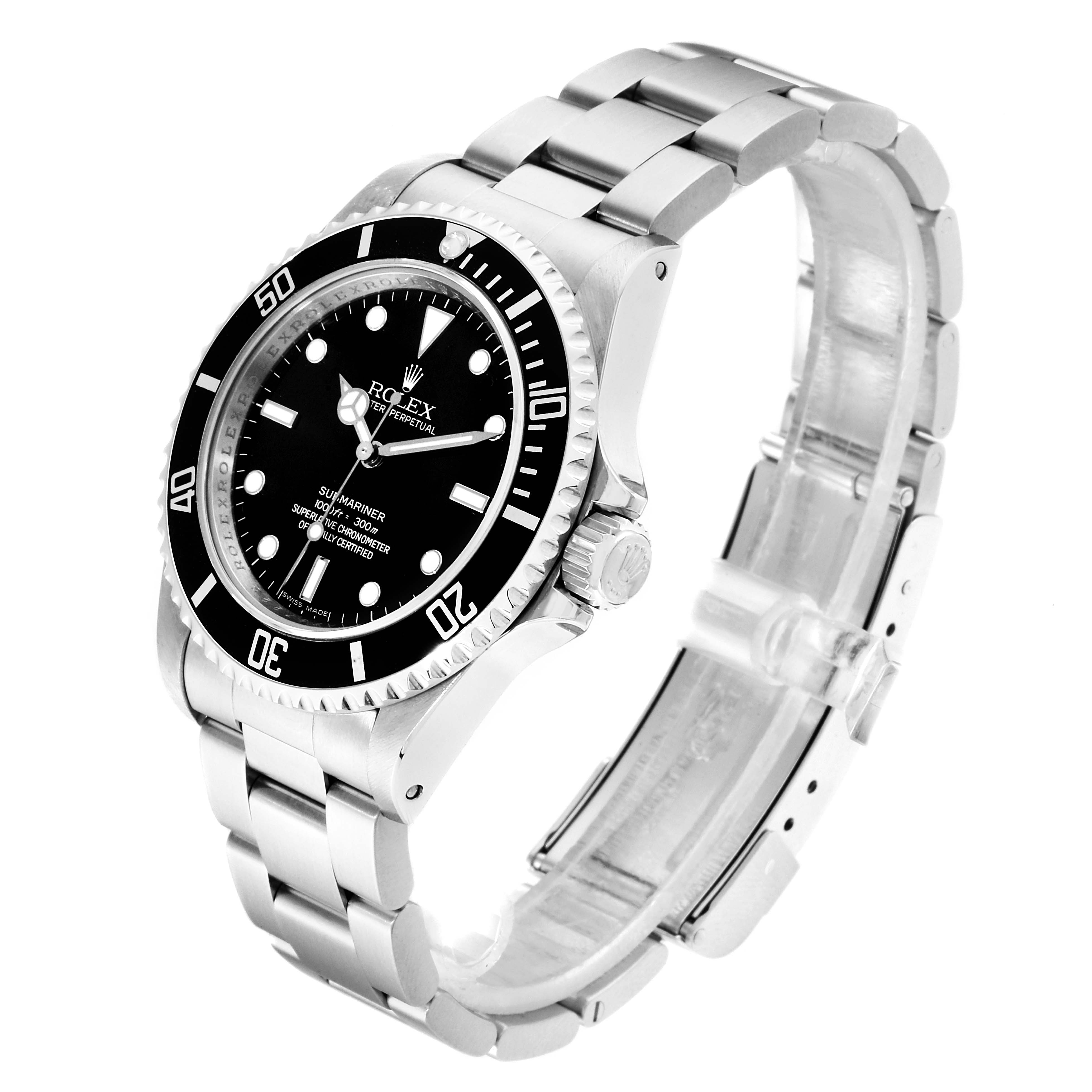 The Rolex Submariner 14060M Men
s Stainless Steel Black Dial 14060M Men
s Stainless Steel Black Dial watch is shown from a three-quarter angle, displaying its face, bezel, crown, and bracelet.