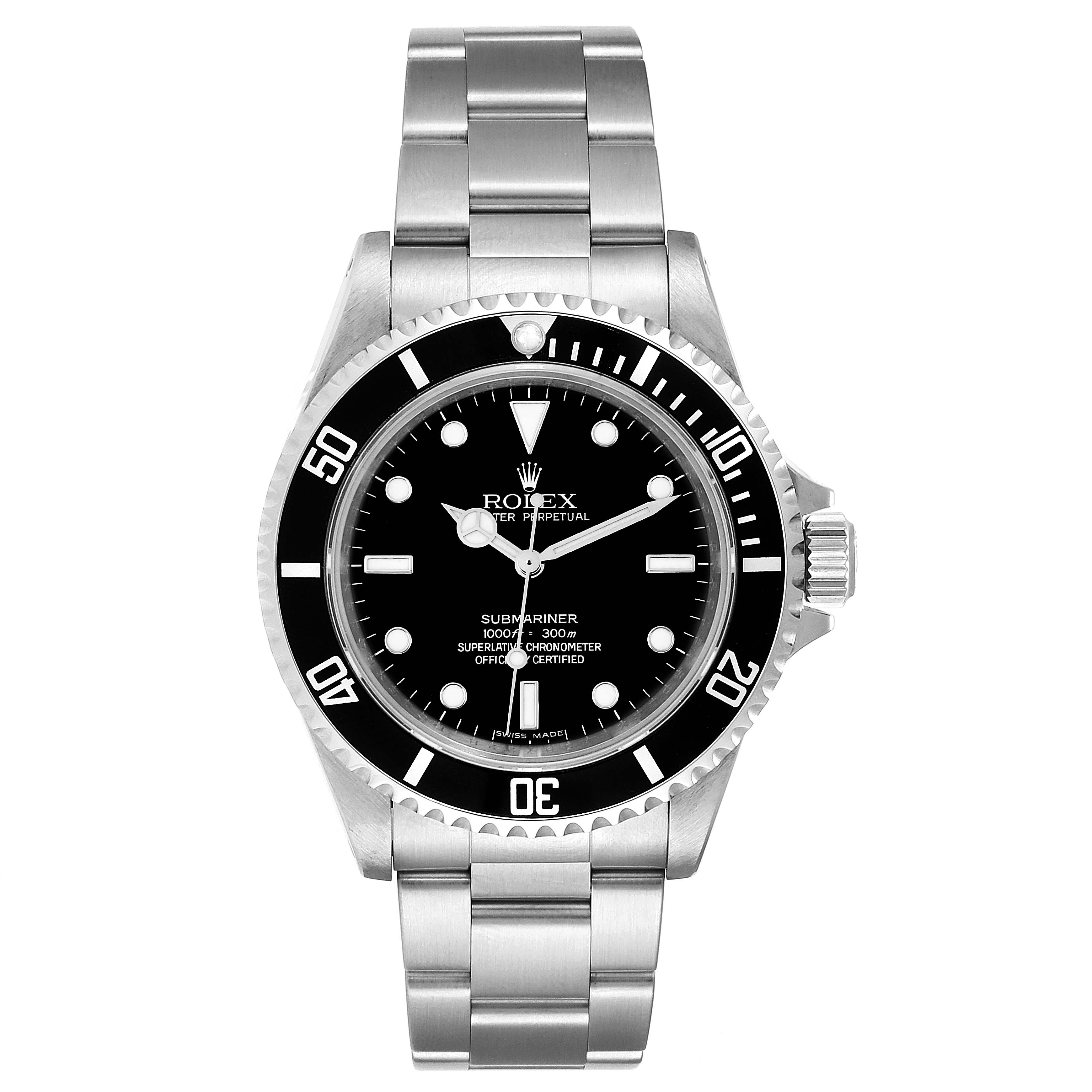 This image shows a frontal view of a Rolex Submariner 14060M Men
s Stainless Steel Black Dial 14060M Men
s Stainless Steel Black Dial watch, displaying the dial, bezel, and bracelet.