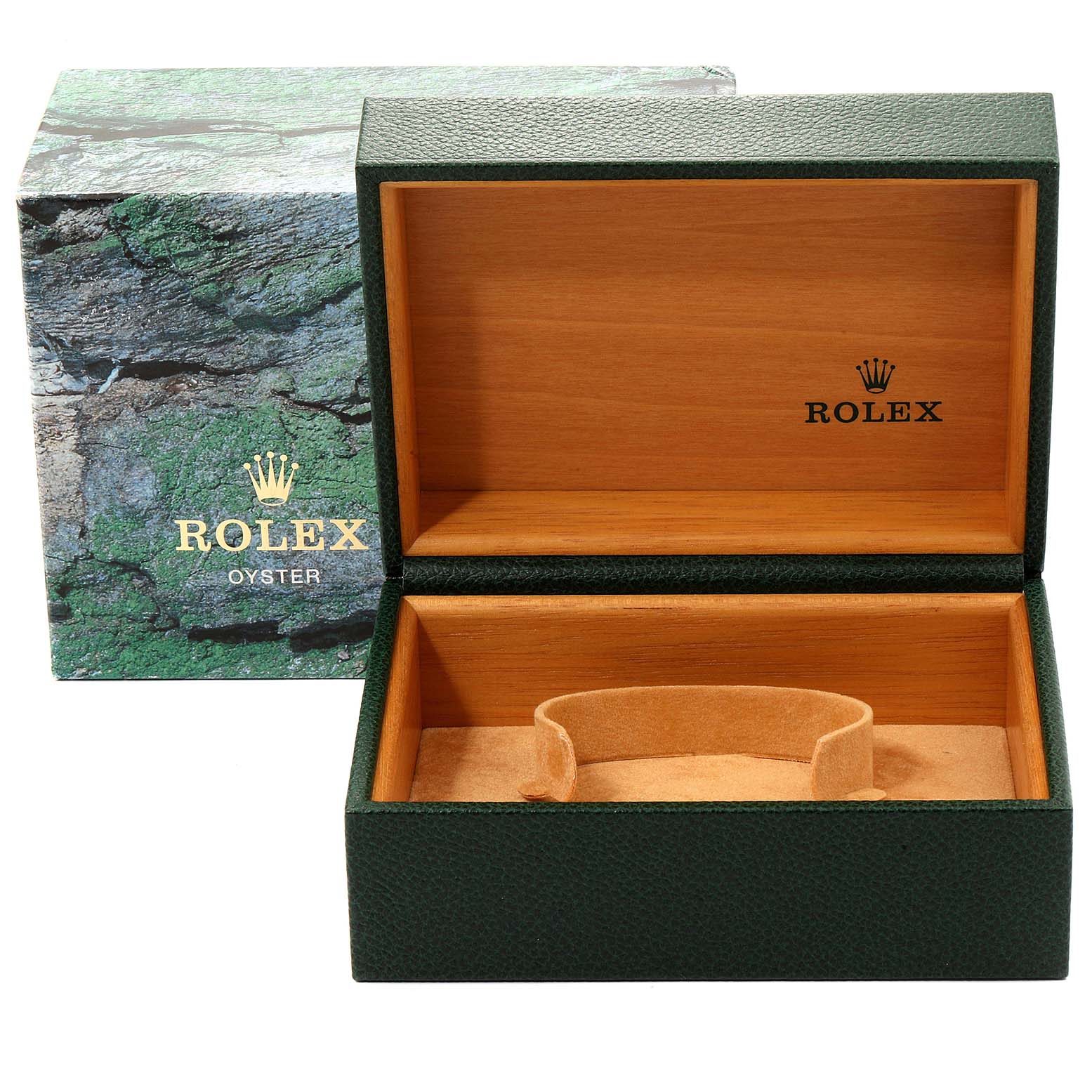 The image shows an empty Rolex Submariner 14060M Men
s Stainless Steel Black Dial 14060M Men
s Stainless Steel Black Dial watch box, including the outer green box and the inner wooden box.