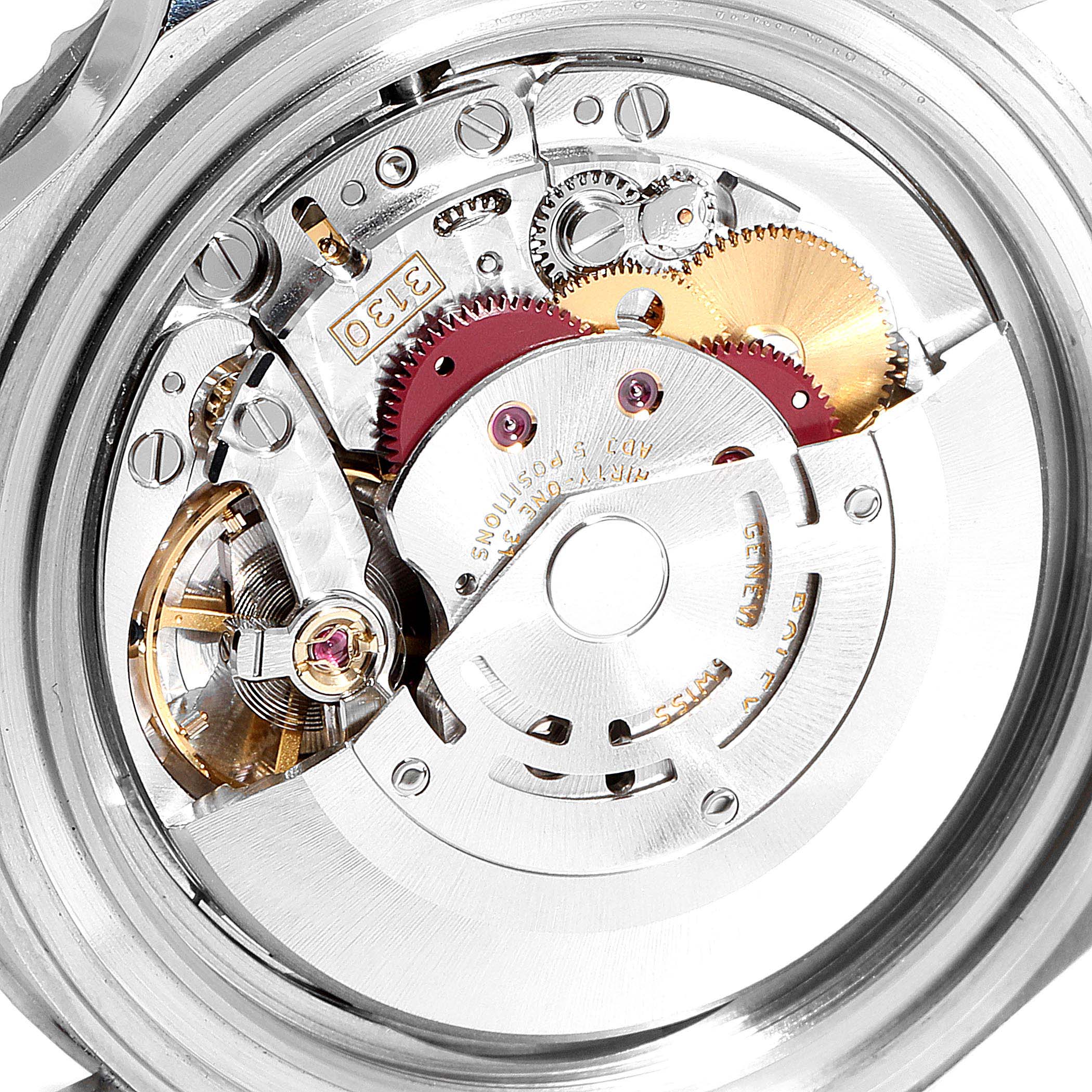 This image shows the intricate internal mechanical movement of a Rolex Submariner 14060M Men
s Stainless Steel Black Dial 14060M Men
s Stainless Steel Black Dial watch, viewed from the back.