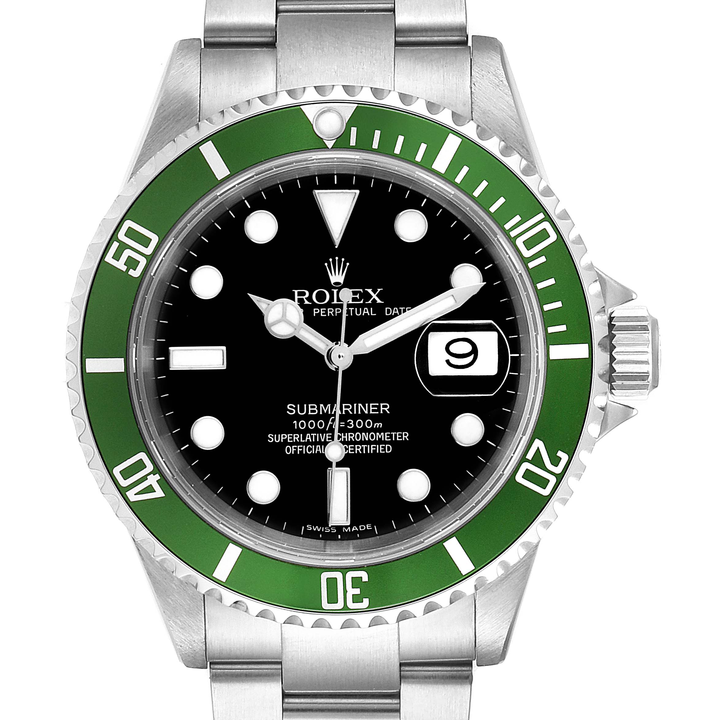 This image shows a Rolex Submariner 16610LV Men's Stainless Steel Black Dial 16610LV Men's Stainless Steel Black Dial watch from a frontal angle, highlighting the dial, bezel, and part of the bracelet.