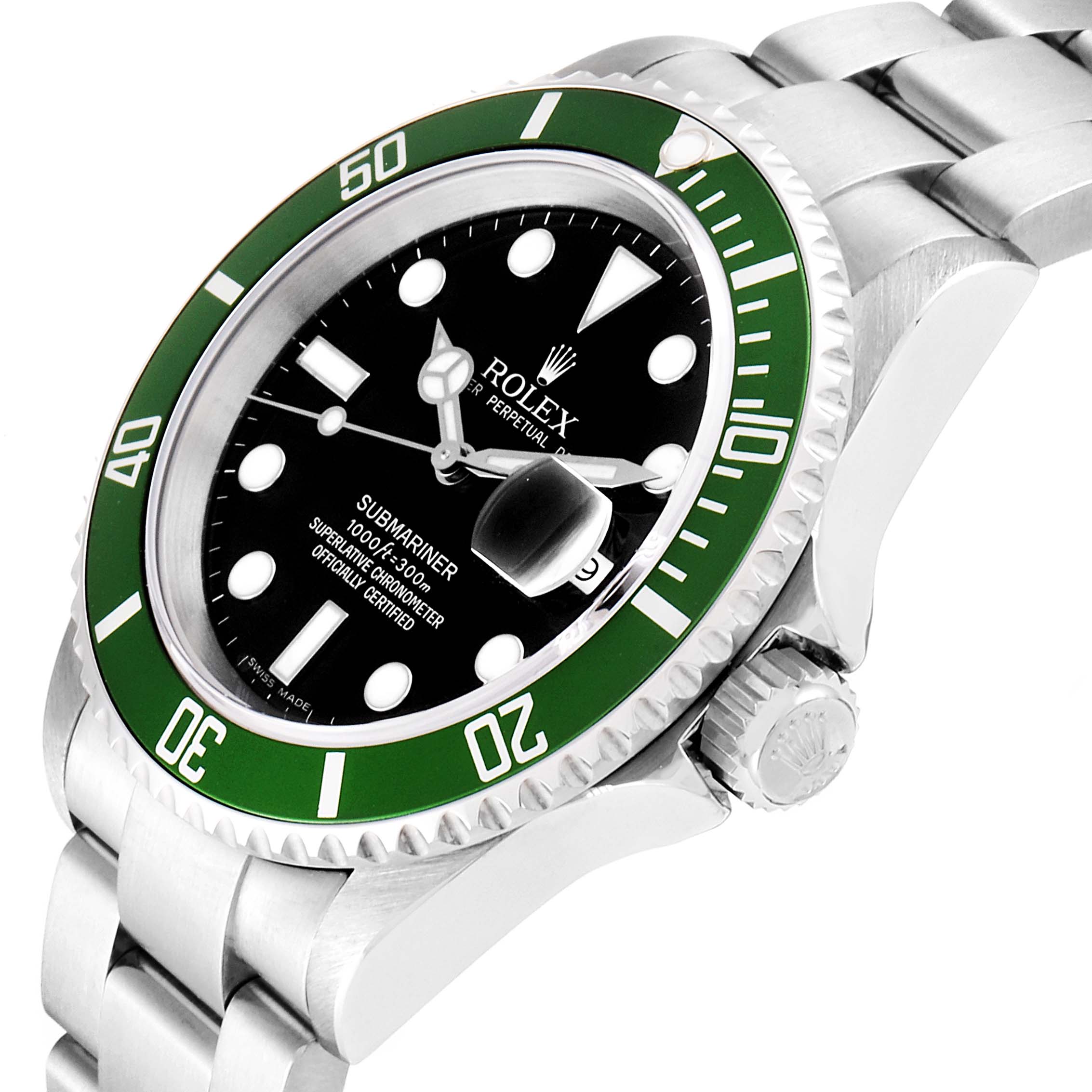This image shows a close-up angle of the Rolex Submariner 16610LV Men's Stainless Steel Black Dial 16610LV Men's Stainless Steel Black Dial watch featuring its green bezel, black dial, and part of its metal bracelet.