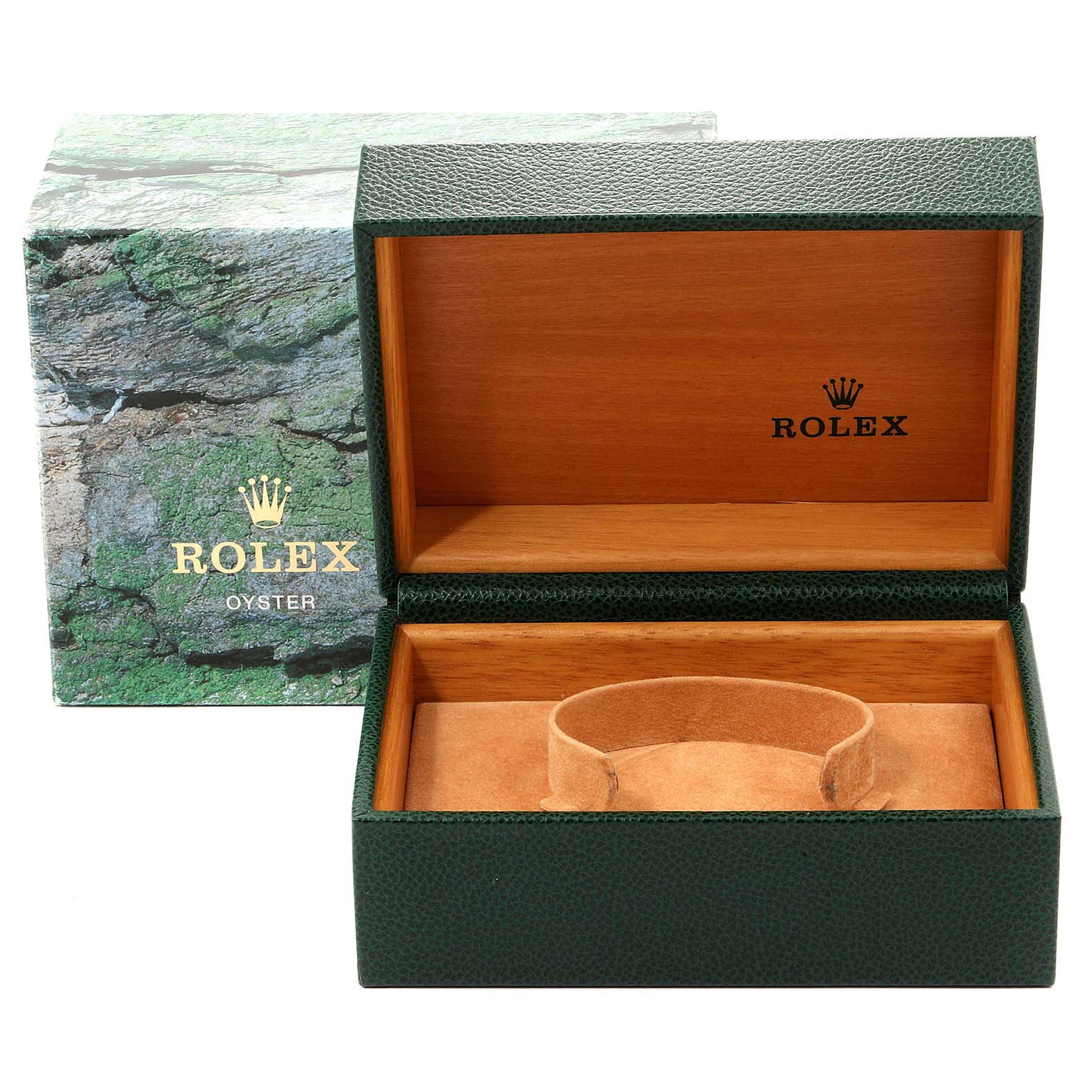 This image shows an empty open box for a Rolex Submariner 16610LV Men's Stainless Steel Black Dial 16610LV Men's Stainless Steel Black Dial watch, with the outer packaging visible behind it.