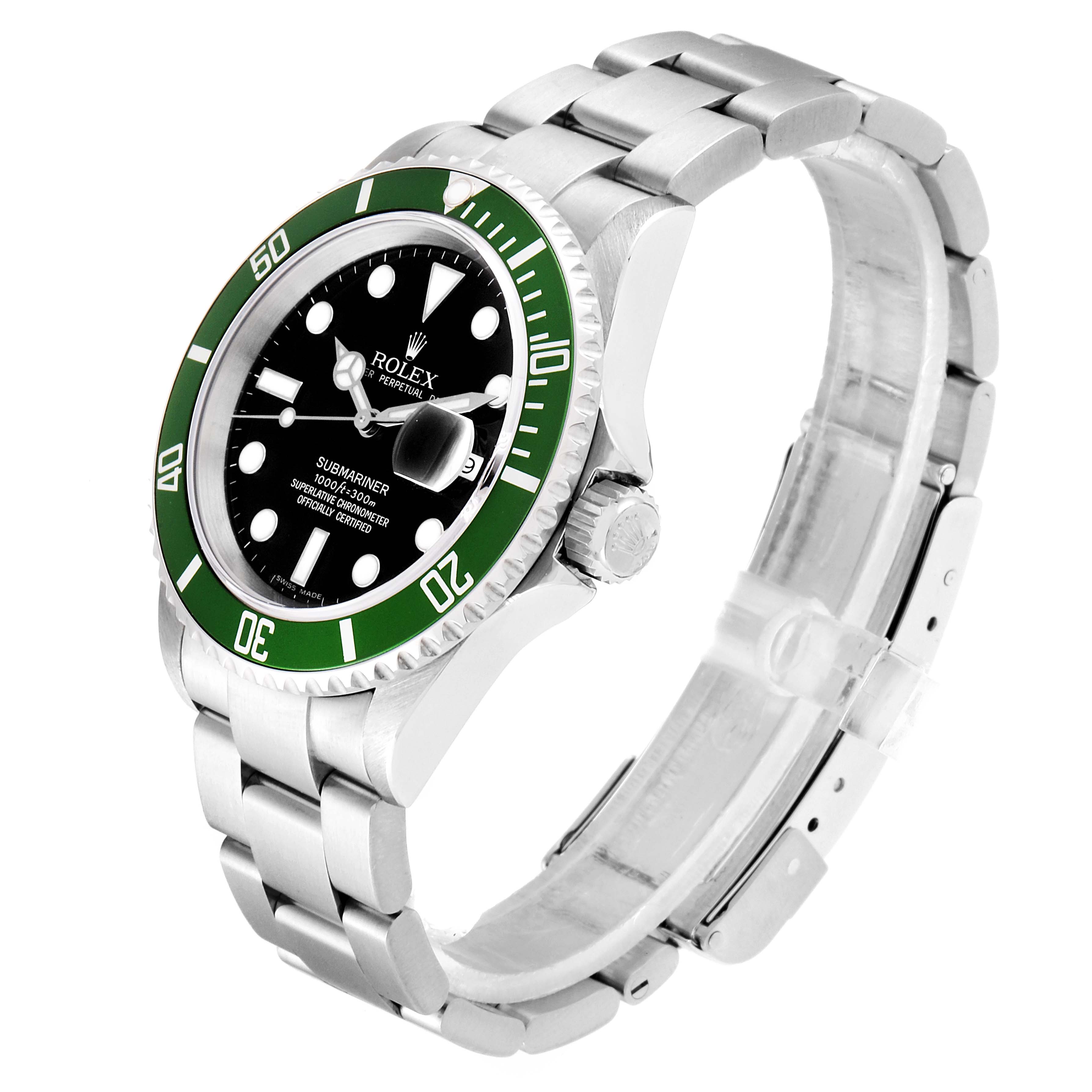 This image shows a side and frontal view of the Rolex Submariner 16610LV Men's Stainless Steel Black Dial 16610LV Men's Stainless Steel Black Dial, highlighting its green bezel, bracelet, and face.