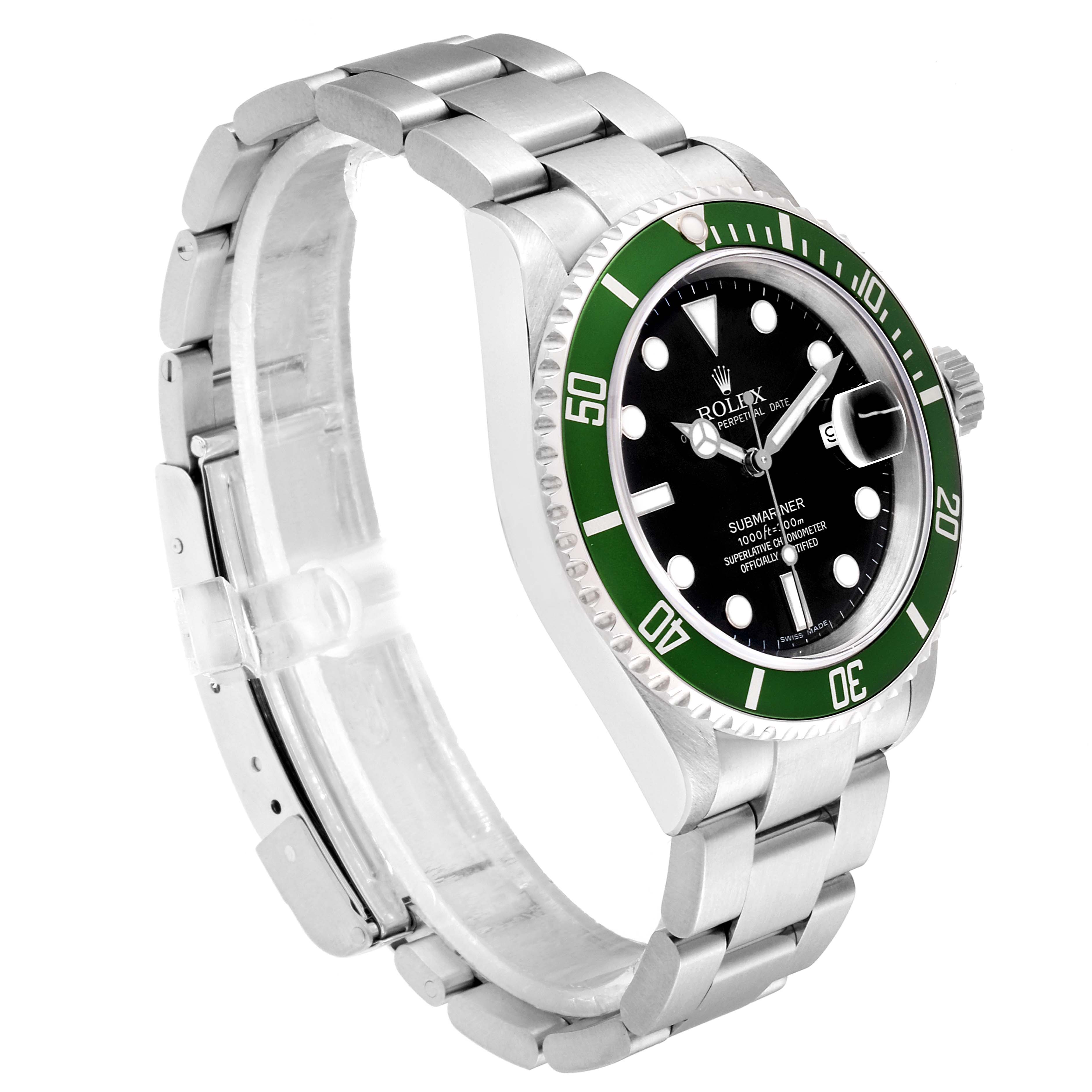 The Rolex Submariner 16610LV Men's Stainless Steel Black Dial 16610LV Men's Stainless Steel Black Dial watch is shown at an angled side view, displaying the bracelet, case, crown, and dial with a green bezel.