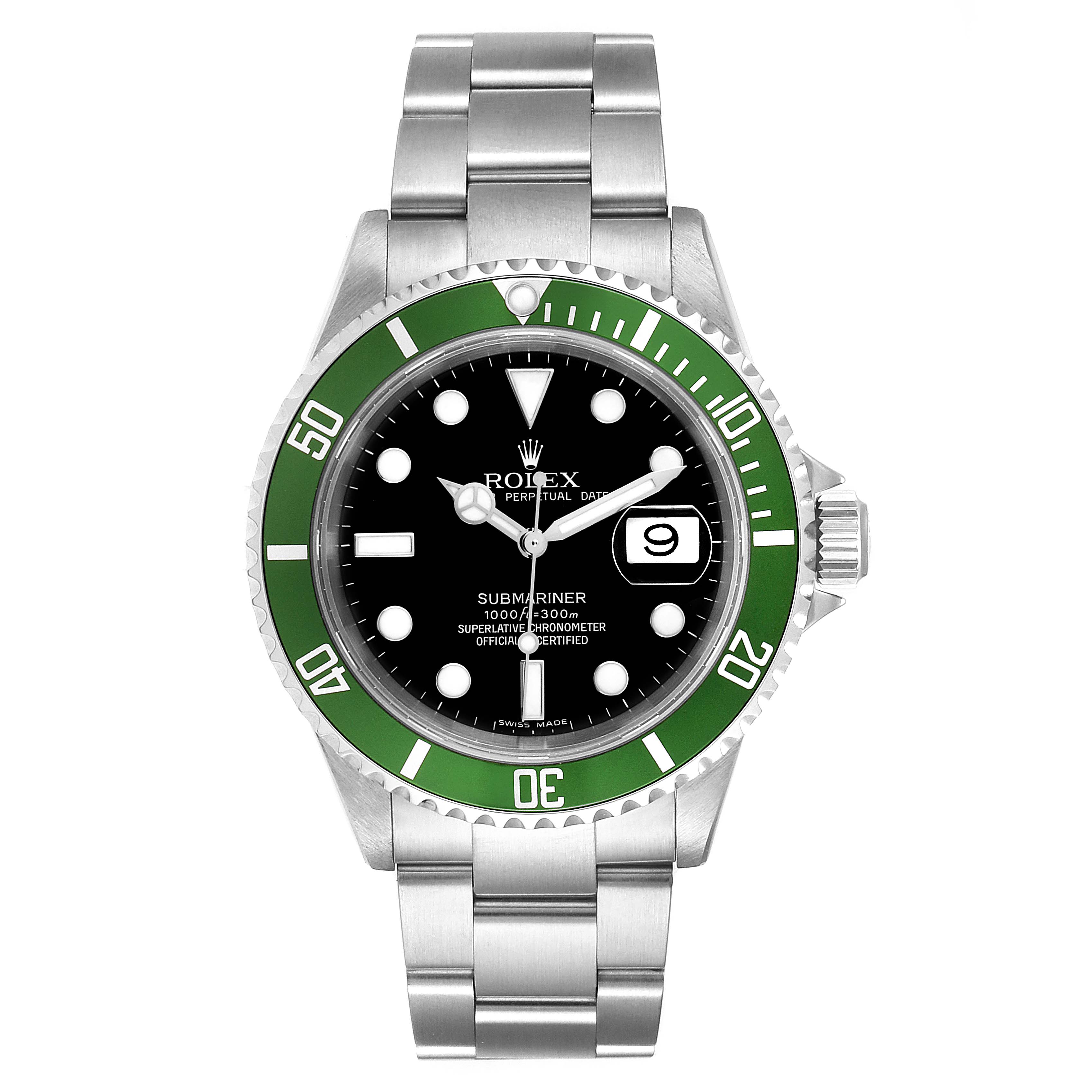 This image shows a front view of a Rolex Submariner 16610LV Men's Stainless Steel Black Dial 16610LV Men's Stainless Steel Black Dial watch, featuring its full face, bezel, and bracelet.