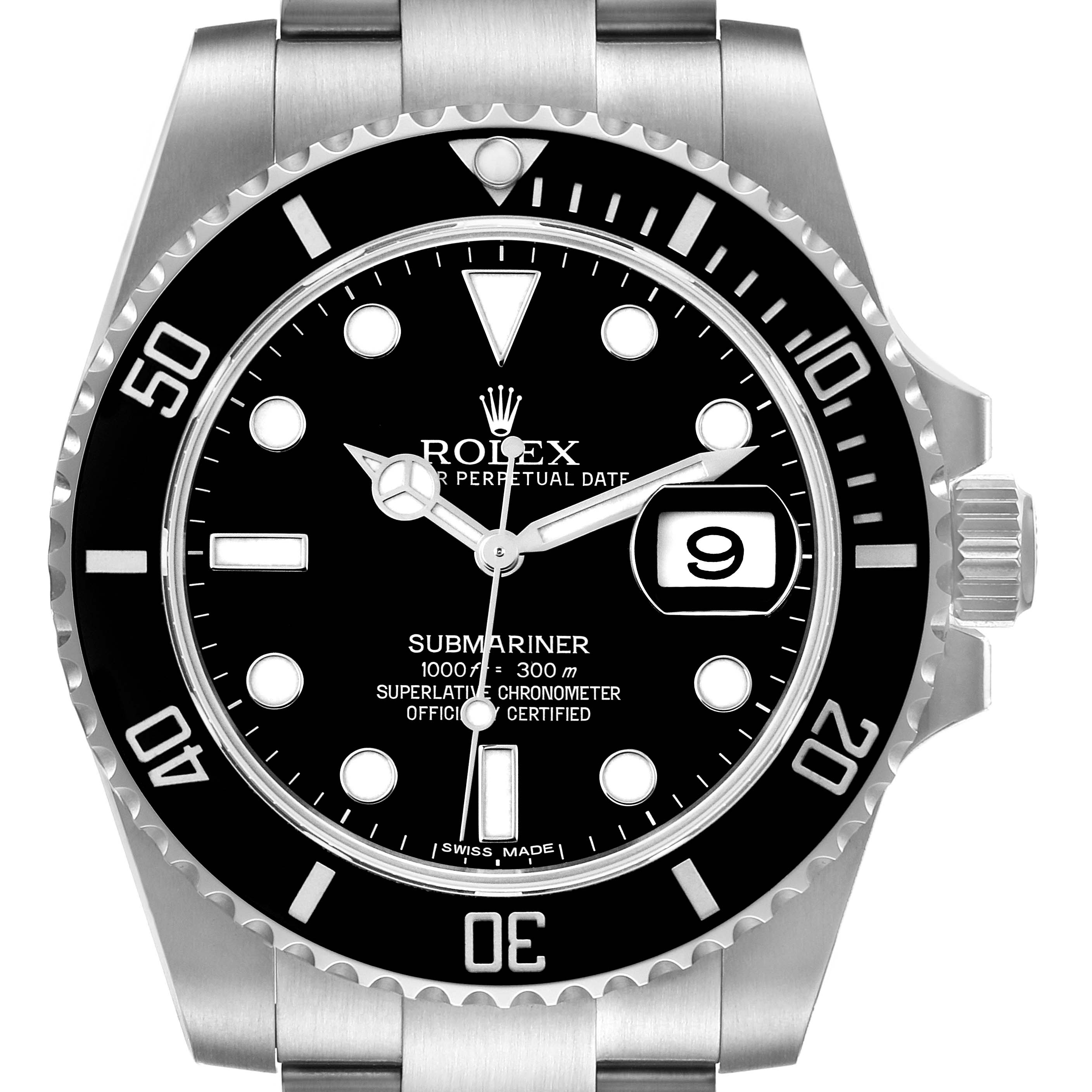 This image shows a front view of the Rolex Submariner 116610 Men
s Stainless Steel Black Dial 116610 Men
s Stainless Steel Black Dial watch, including the dial, bezel, case, and part of the bracelet.