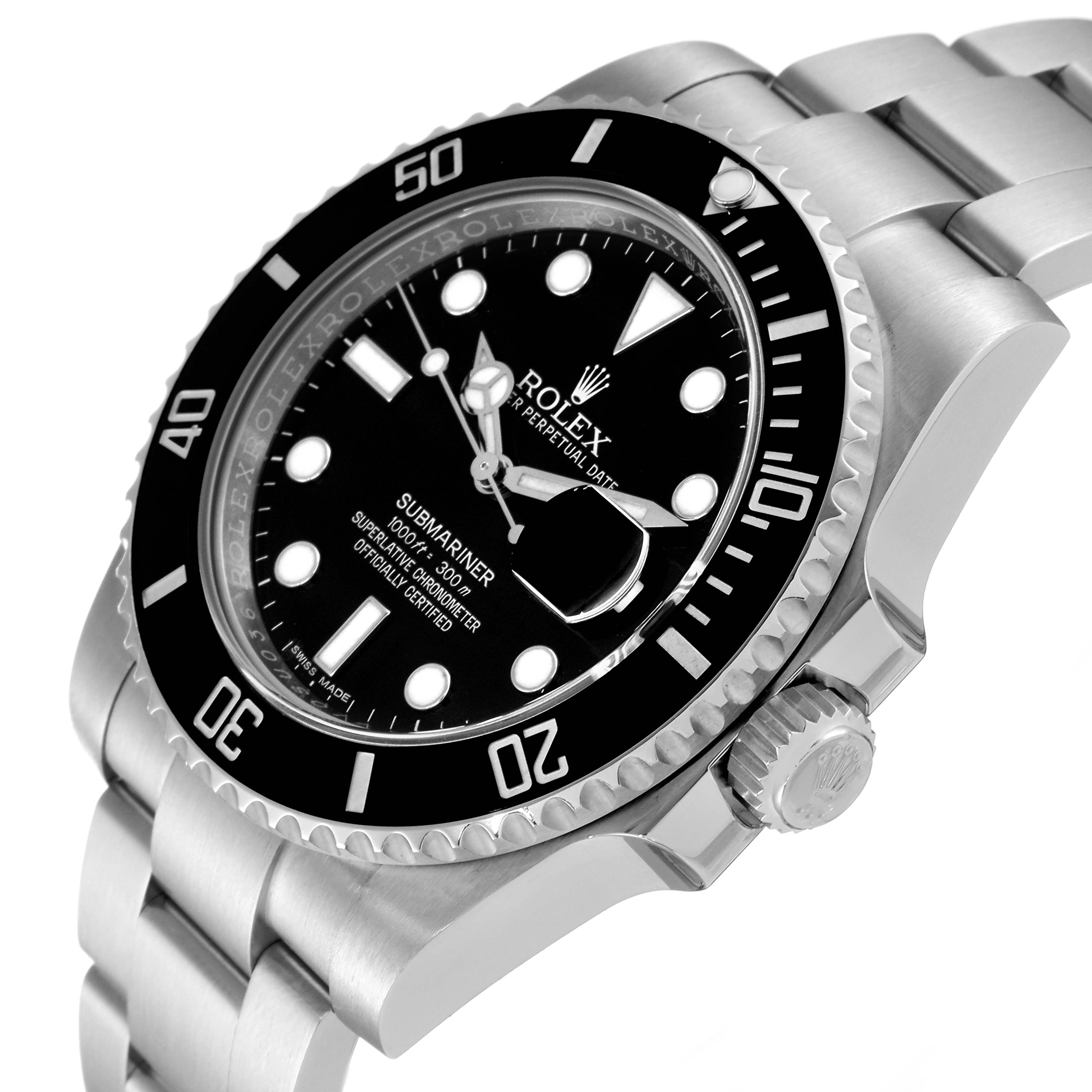 This Rolex Submariner 116610 Men
s Stainless Steel Black Dial 116610 Men
s Stainless Steel Black Dial watch is shown at an angle highlighting the bezel, dial, crown, and bracelet.