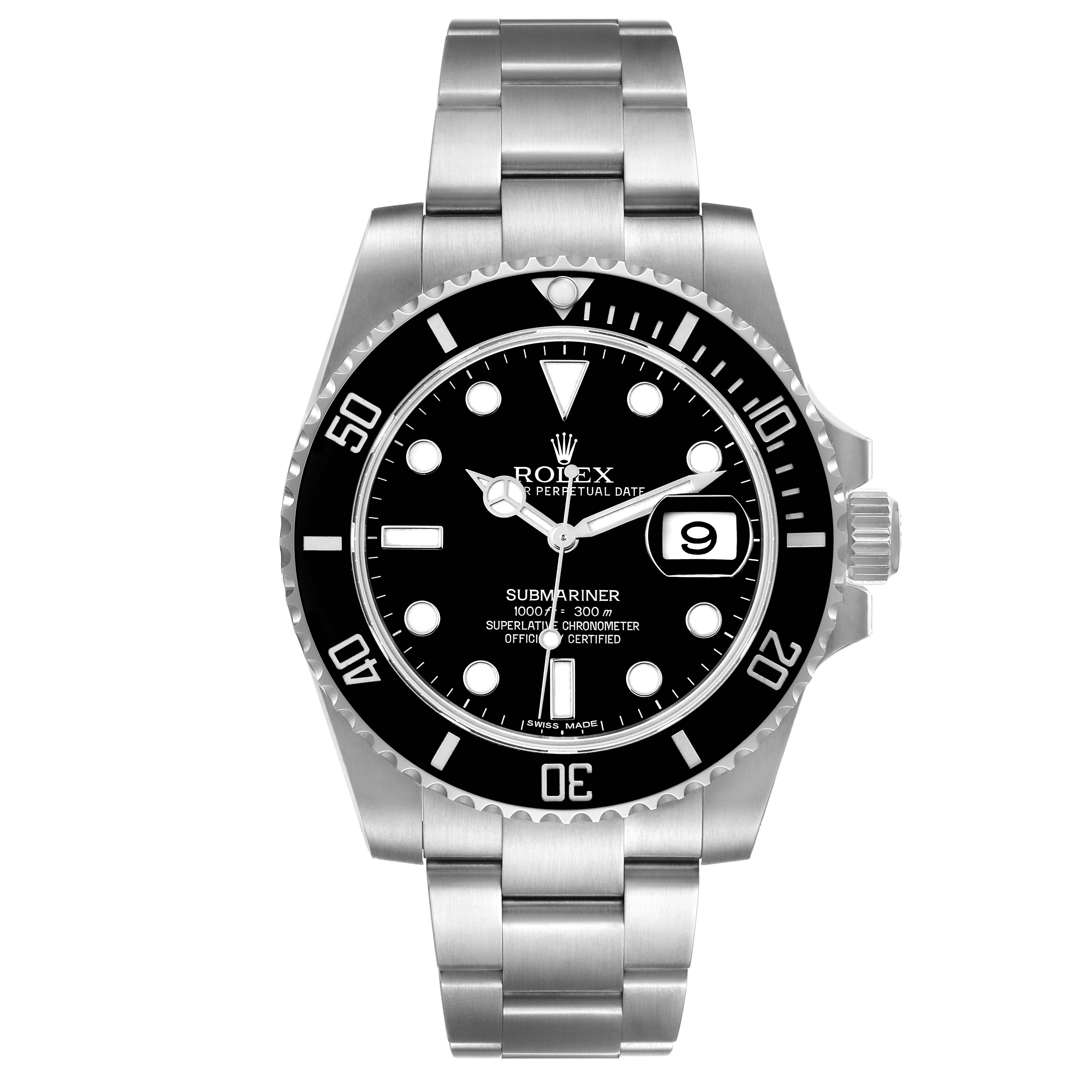 The Rolex Submariner 116610 Men
s Stainless Steel Black Dial 116610 Men
s Stainless Steel Black Dial watch is shown from the front angle, displaying its black dial, bezel, and stainless steel bracelet.