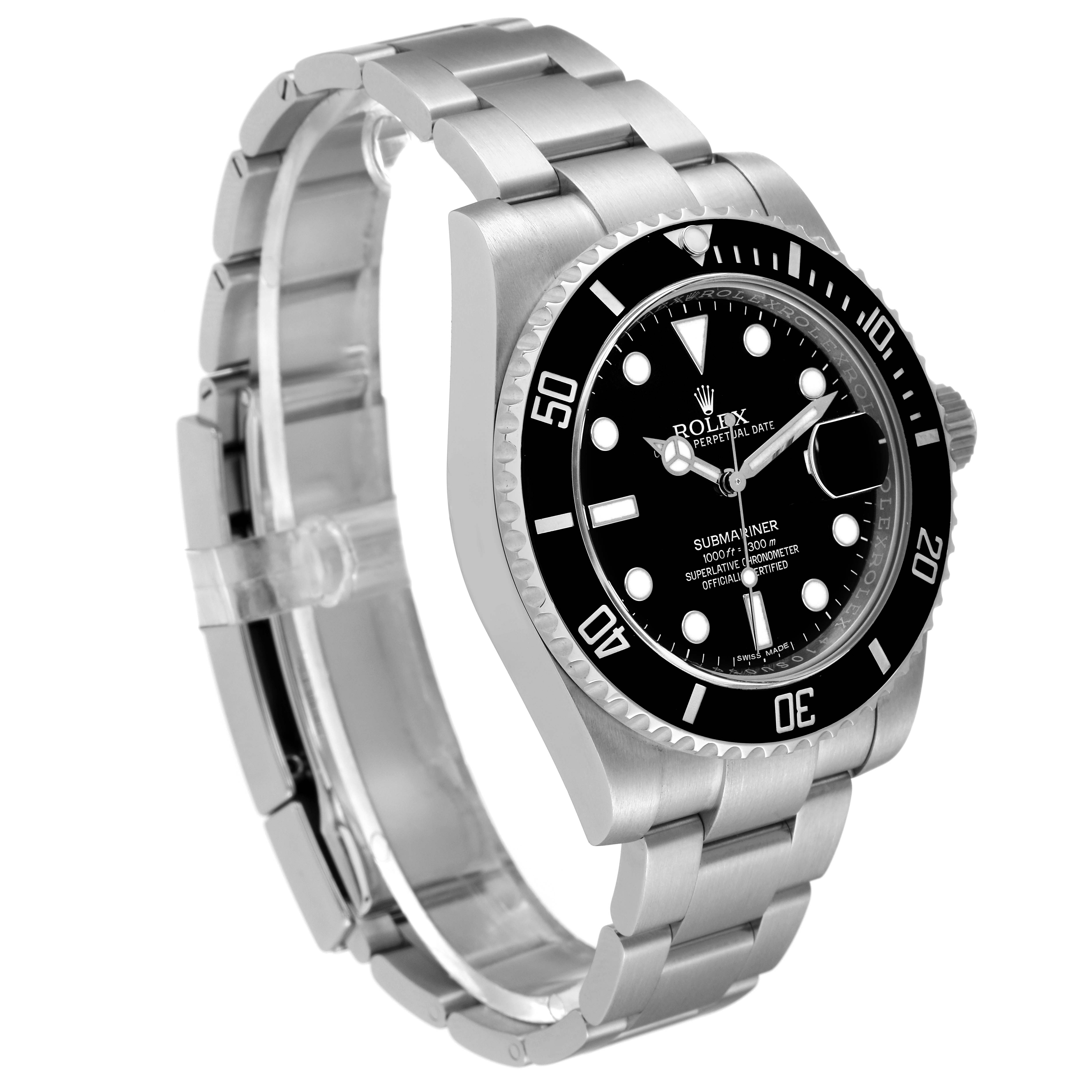 This image shows a side and front angle of a Rolex Submariner 116610 Men
s Stainless Steel Black Dial 116610 Men
s Stainless Steel Black Dial, detailing the bracelet, bezel, and dial.