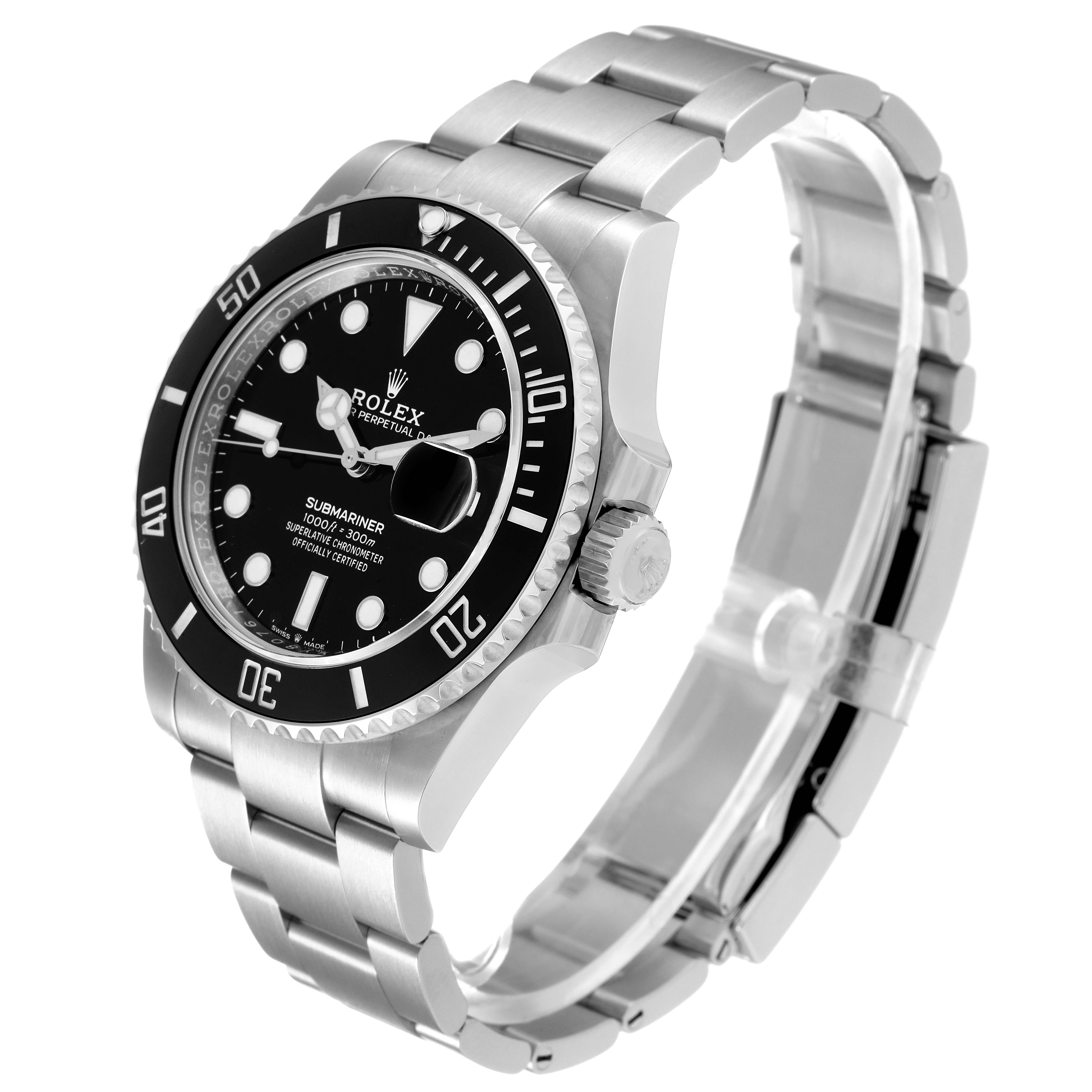 The image shows a Rolex Submariner 126610 Men
s Stainless Steel Black Dial 126610 Men
s Stainless Steel Black Dial watch at a three-quarter angle, highlighting its face, bezel, bracelet, and crown.