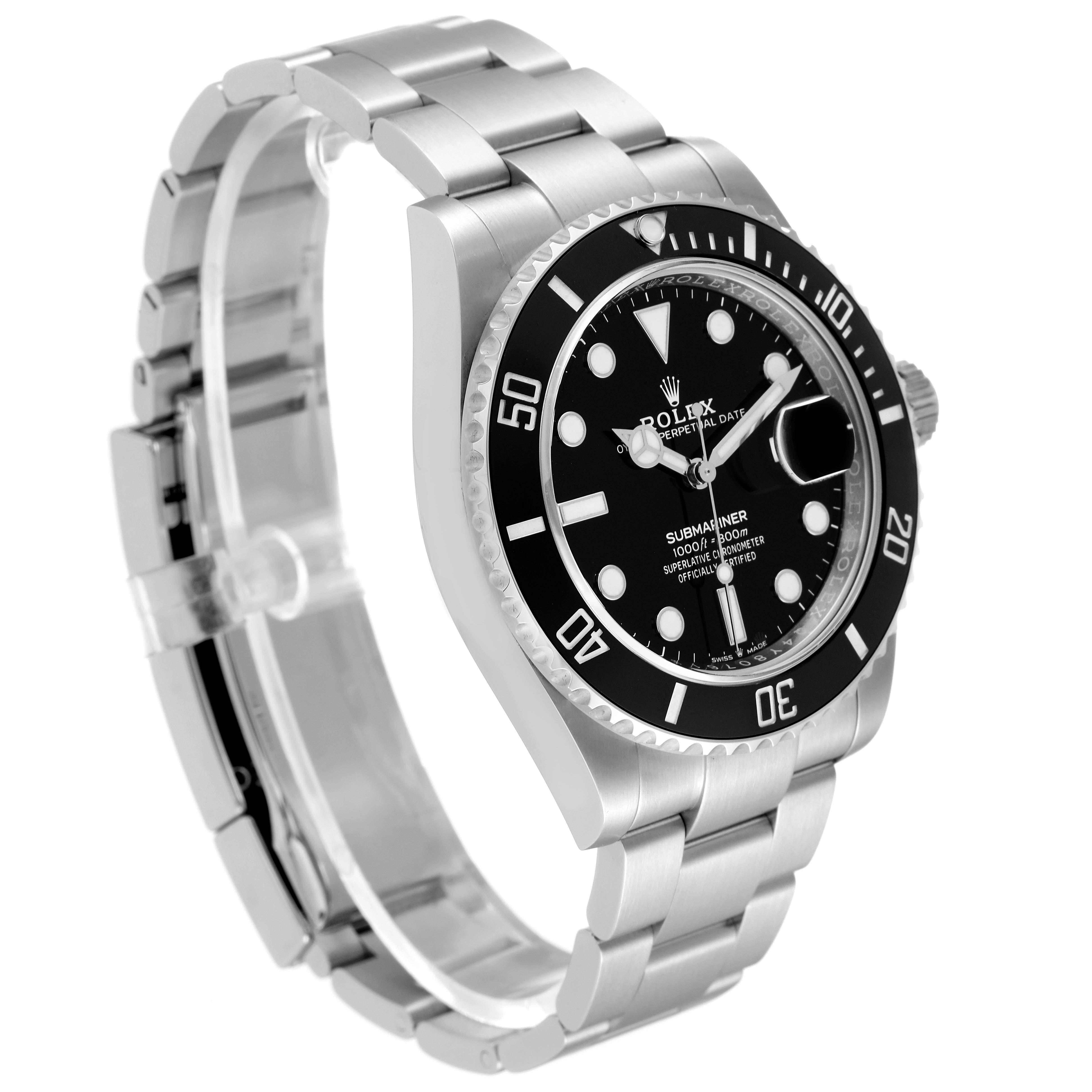 The image shows a side angle view of the Rolex Submariner 126610 Men
s Stainless Steel Black Dial 126610 Men
s Stainless Steel Black Dial watch focusing on the case, bezel, dial, and bracelet.