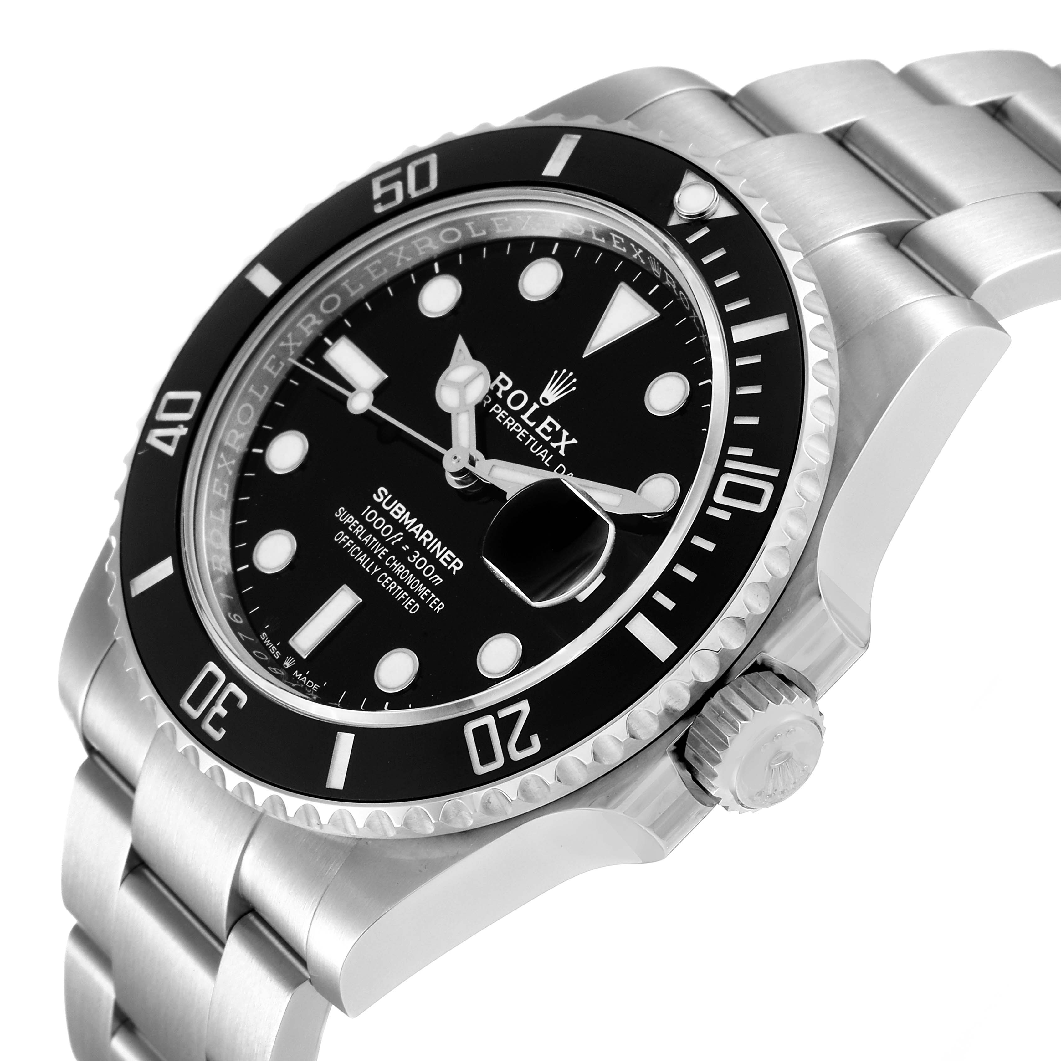 The image shows a side angle of the Rolex Submariner 126610 Men
s Stainless Steel Black Dial 126610 Men
s Stainless Steel Black Dial, highlighting the bezel, dial, and bracelet.