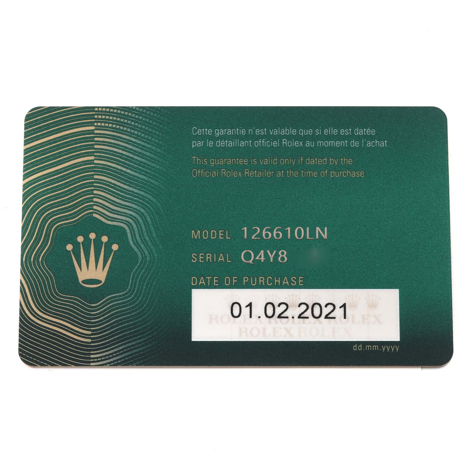This image shows a warranty card for the Rolex Submariner 126610 Men
s Stainless Steel Black Dial 126610 Men
s Stainless Steel Black Dial model 126610LN, displaying the serial number and date of purchase.