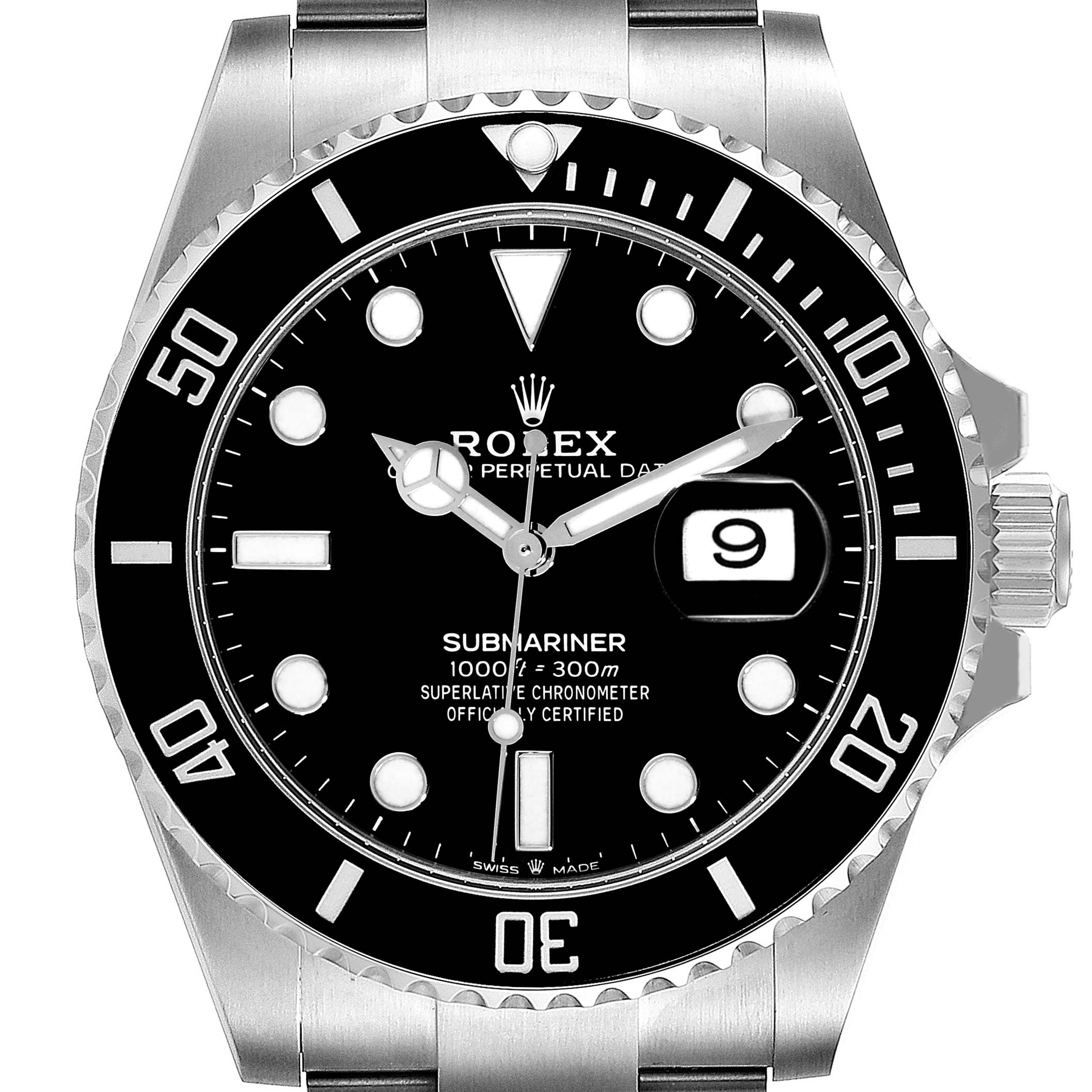 This image shows a front view of the Rolex Submariner 126610 Men
s Stainless Steel Black Dial 126610 Men
s Stainless Steel Black Dial watch, highlighting the dial, bezel, and crown.