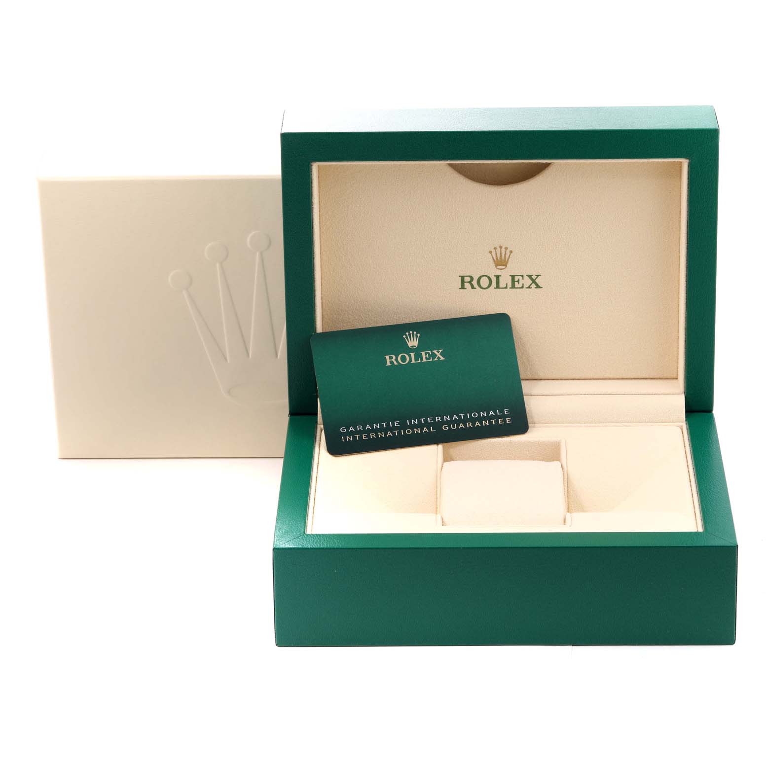 The image shows the open packaging box and warranty card for a Rolex Submariner 126610 Men
s Stainless Steel Black Dial 126610 Men
s Stainless Steel Black Dial.