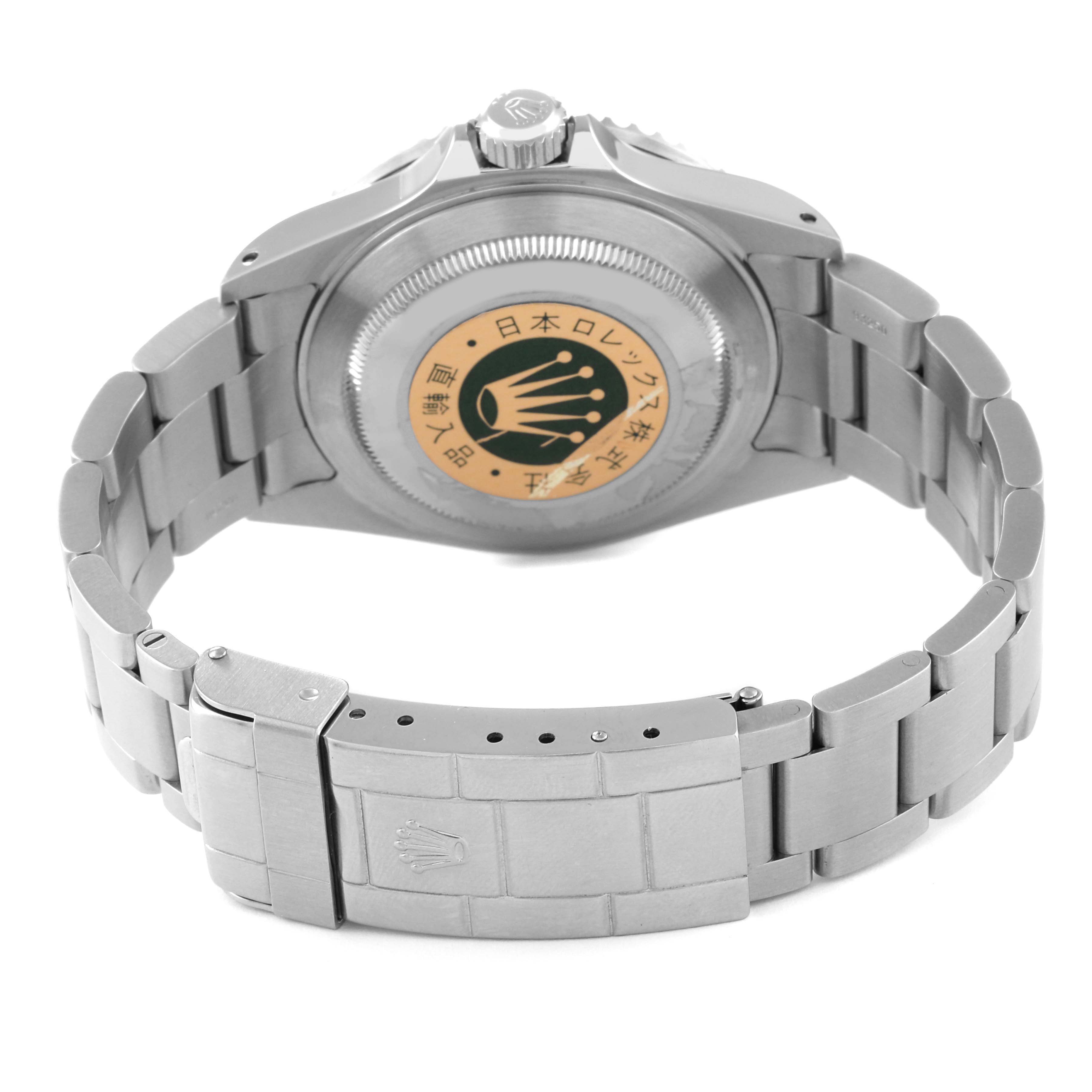 This image shows the back case and bracelet of a Rolex Submariner 16610 Men
s Stainless Steel Black Dial 16610 Men
s Stainless Steel Black Dial watch from a bottom angle.