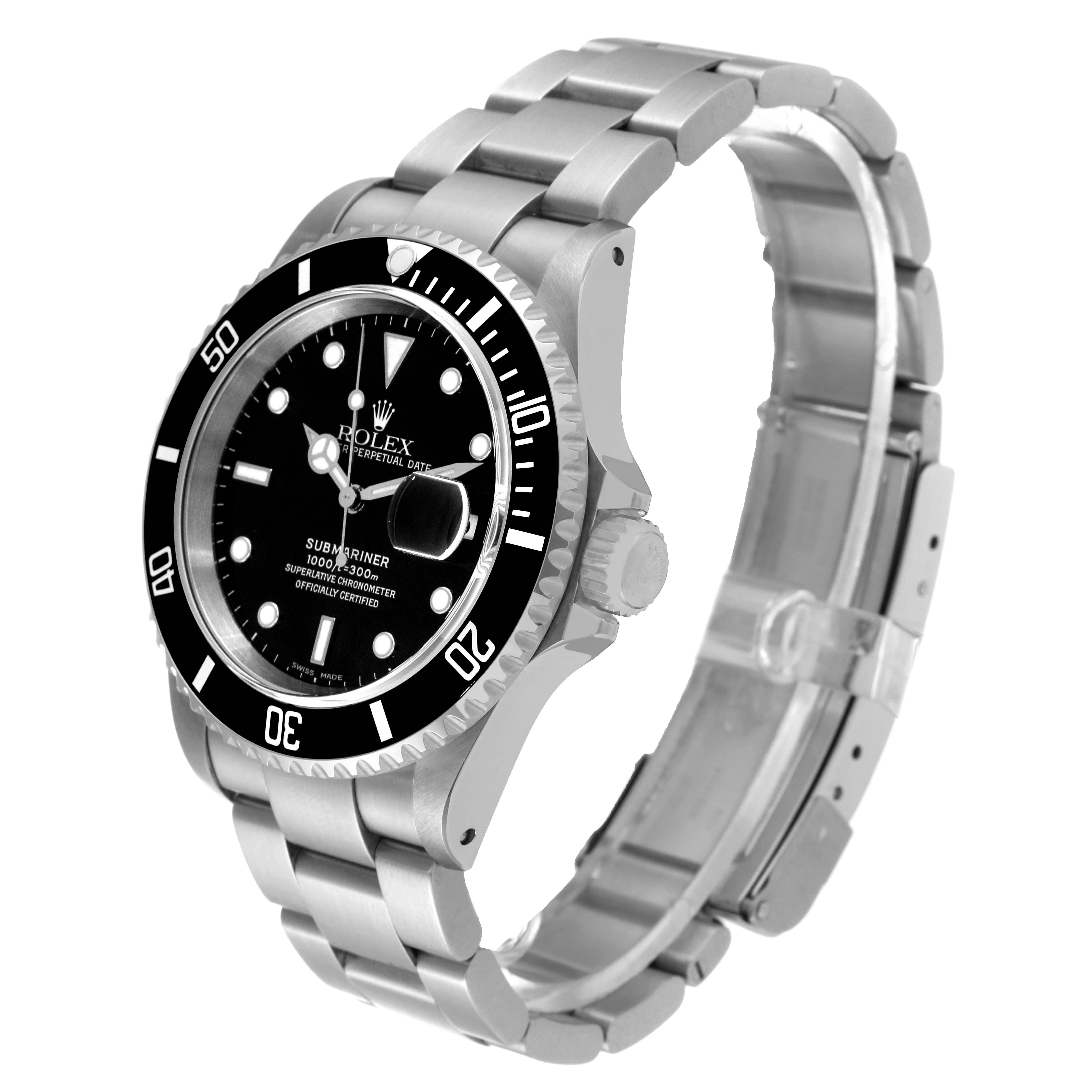 The image shows a Rolex Submariner 16610 Men
s Stainless Steel Black Dial 16610 Men
s Stainless Steel Black Dial watch from a slight diagonal angle, highlighting the dial, bezel, crown, and metal bracelet.