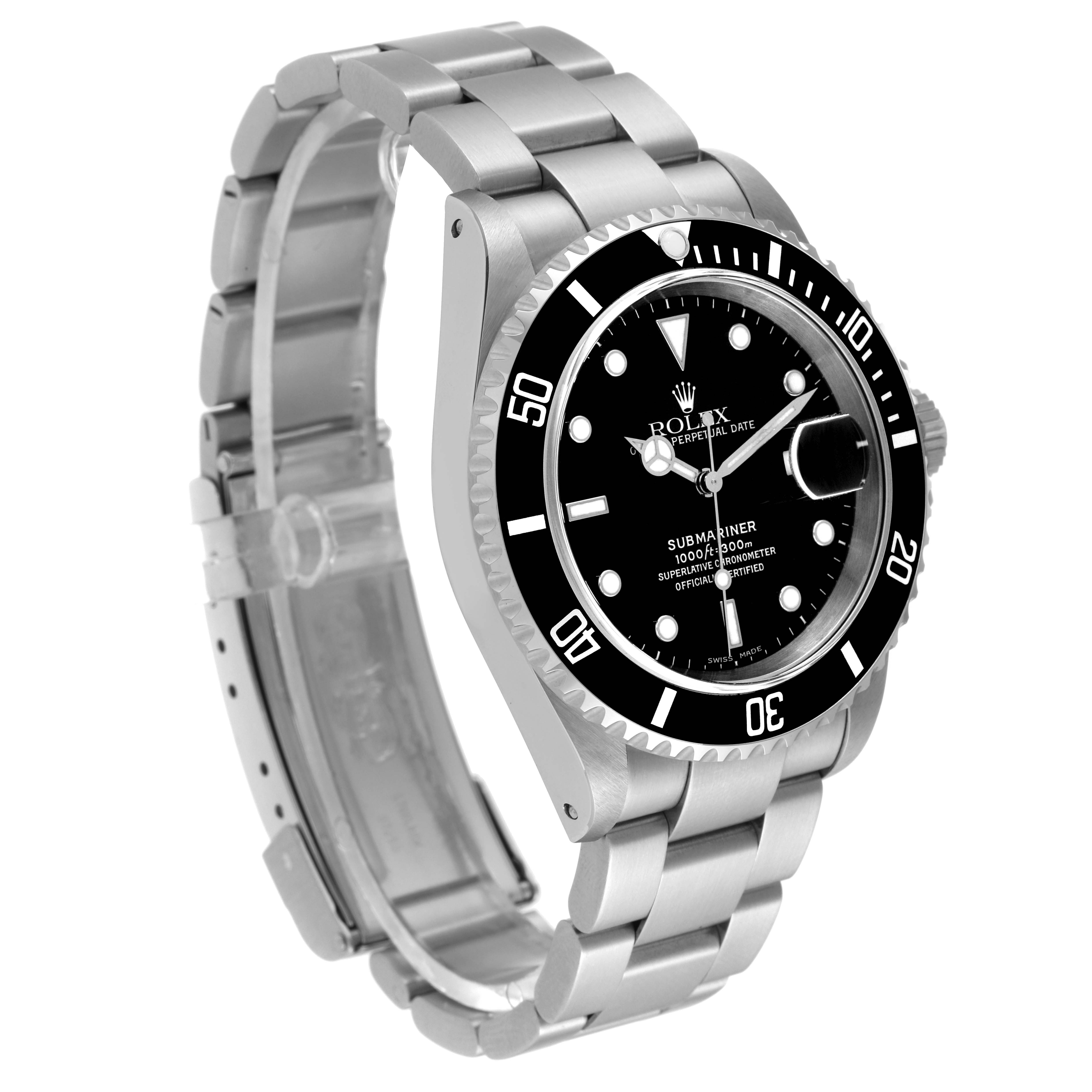 The image shows a side angle view of a Rolex Submariner 16610 Men
s Stainless Steel Black Dial 16610 Men
s Stainless Steel Black Dial watch, displaying the dial, bezel, and metal bracelet.