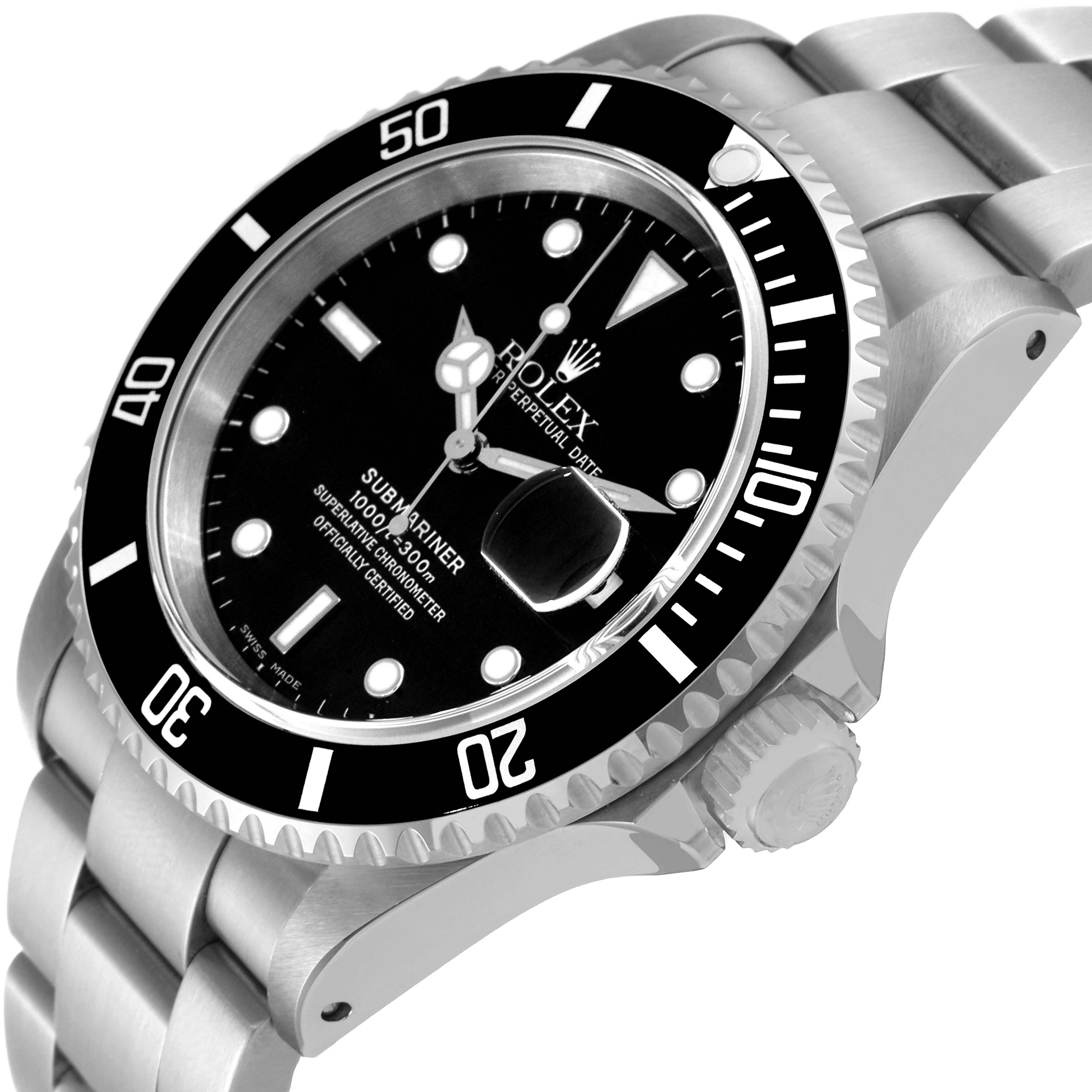 The image shows a close-up angle of the Rolex Submariner 16610 Men
s Stainless Steel Black Dial 16610 Men
s Stainless Steel Black Dial watch, highlighting its face, bezel, crown, and part of the metal bracelet.