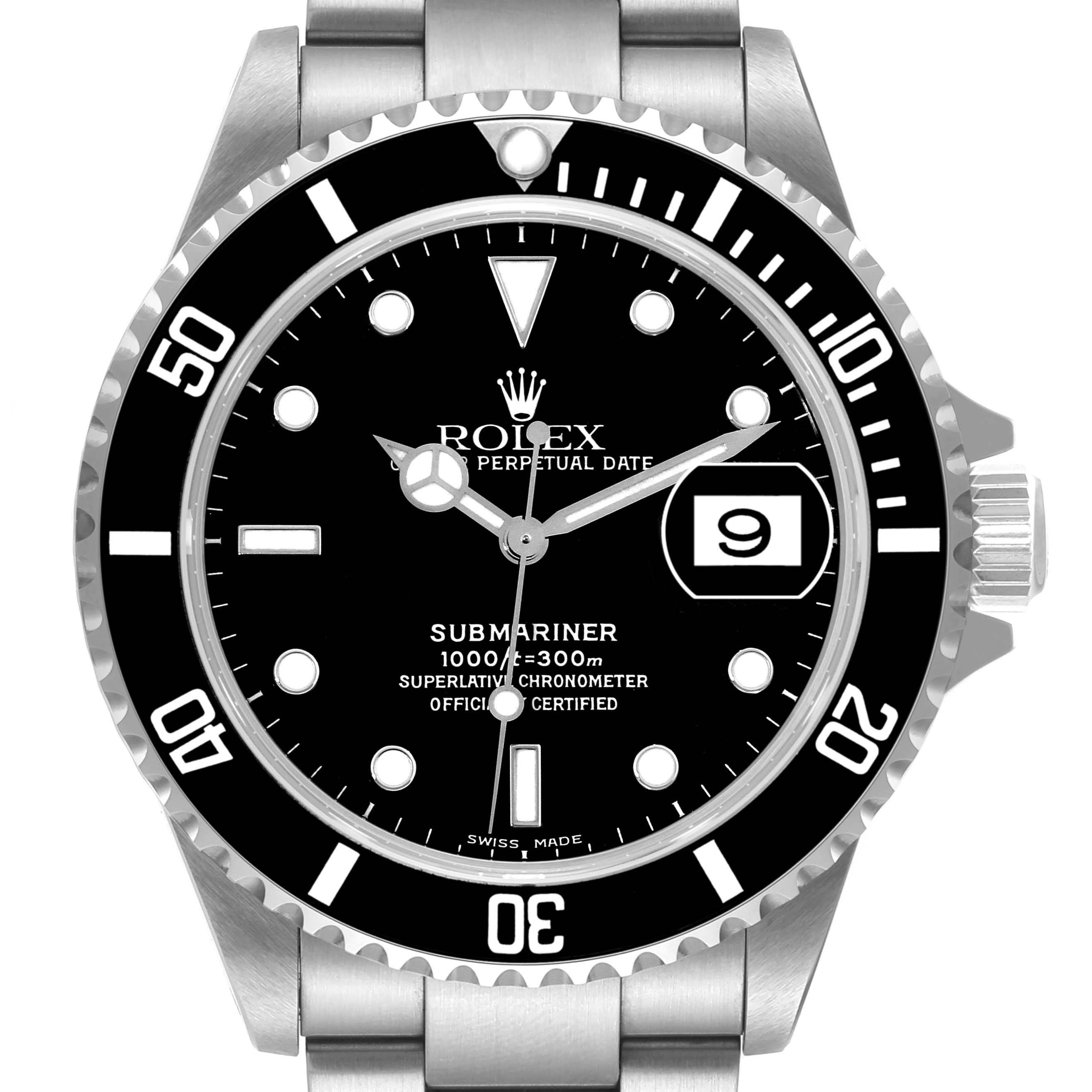 The image shows the Rolex Submariner 16610 Men
s Stainless Steel Black Dial 16610 Men
s Stainless Steel Black Dial watch from a front angle, highlighting the dial, bezel, date window, and part of the bracelet.