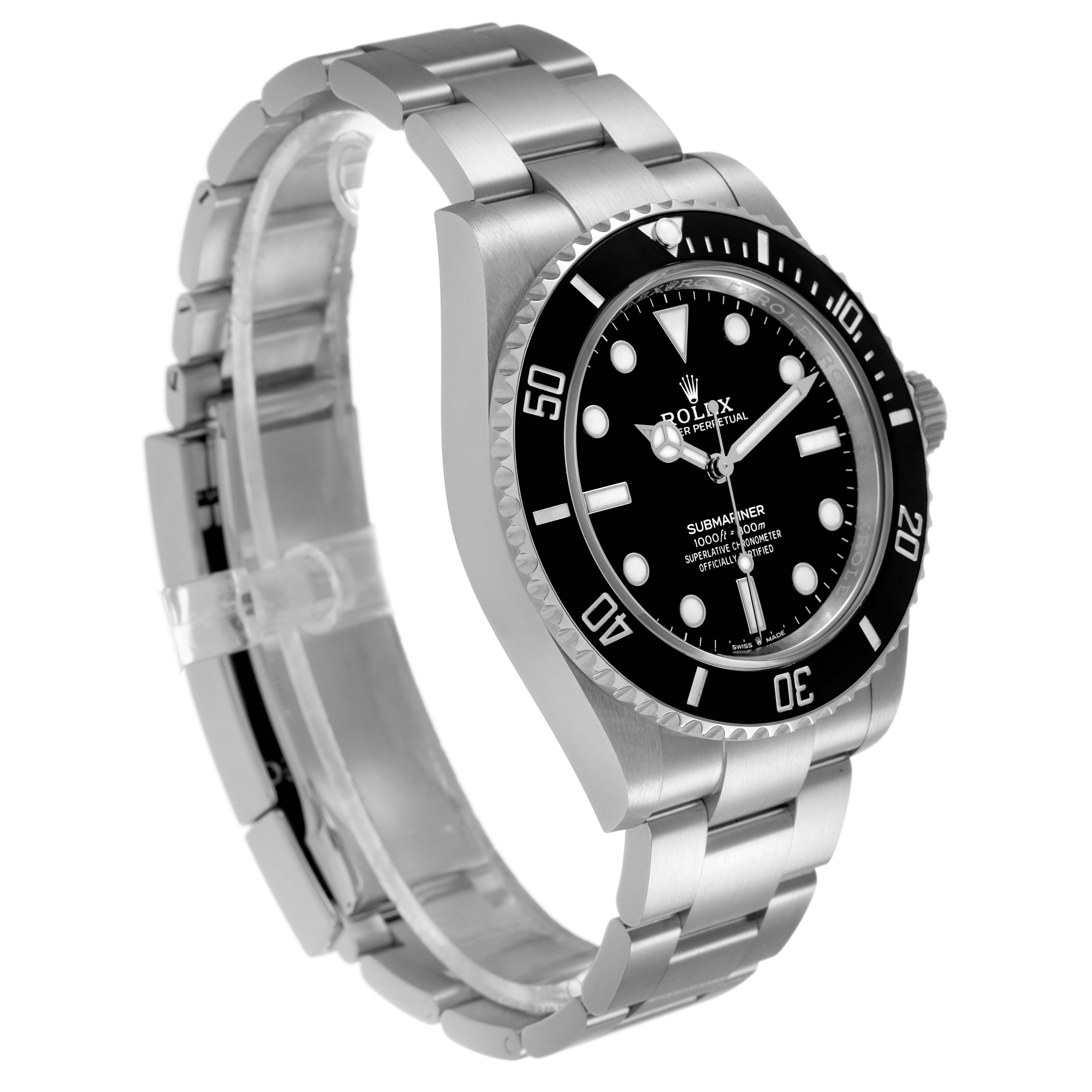 The Rolex Submariner M124060-0001 Men's Stainless Steel Black Dial watch is shown at a three-quarter angle, highlighting the bezel, dial, bracelet, and crown.