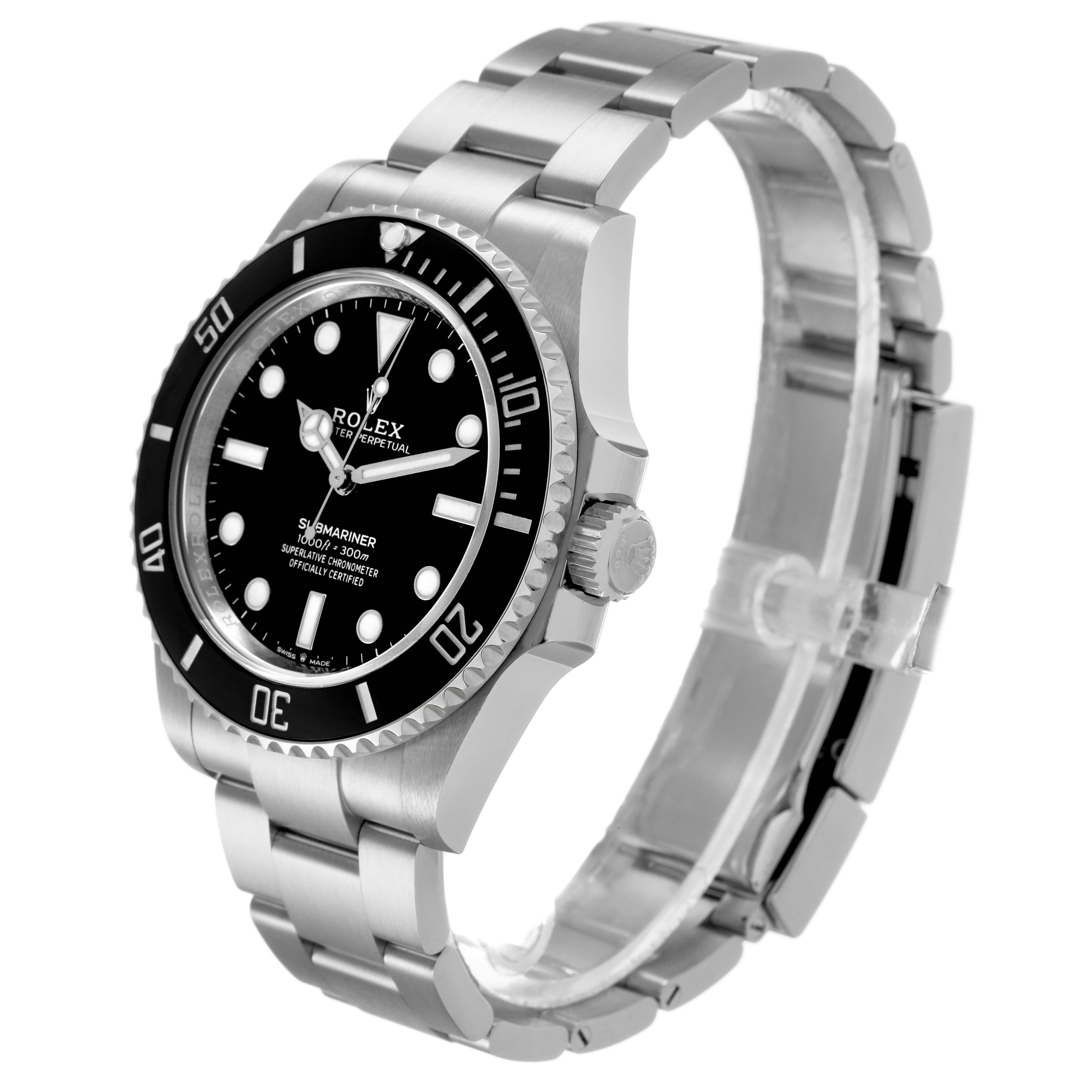 The Rolex Submariner M124060-0001 Men's Stainless Steel Black Dial is shown from a three-quarter angle, highlighting the bezel, dial, crown, and stainless steel bracelet.