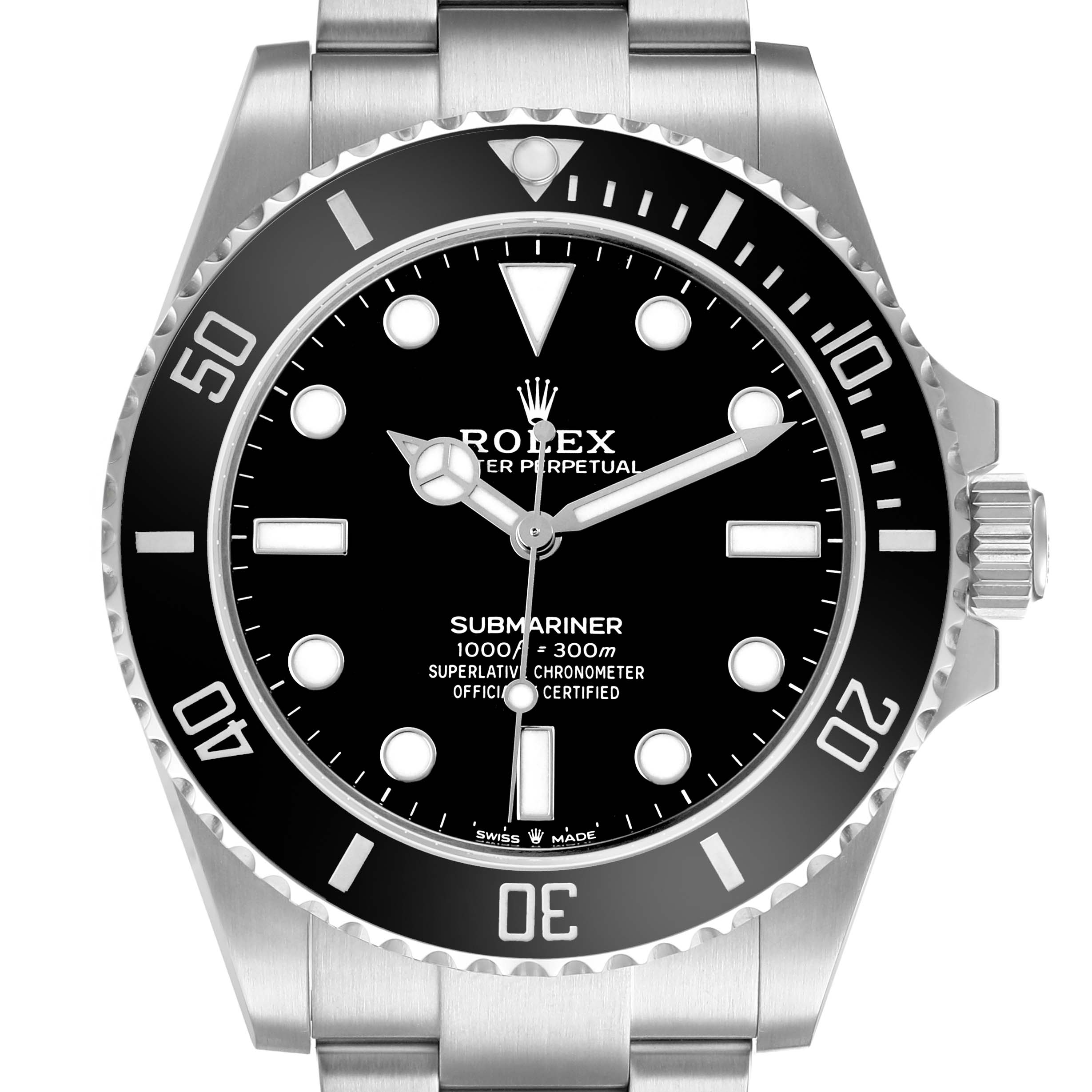 The image shows a front view of the Rolex Submariner M124060-0001 Men's Stainless Steel Black Dial, highlighting the bezel, dial, hands, and bracelet.