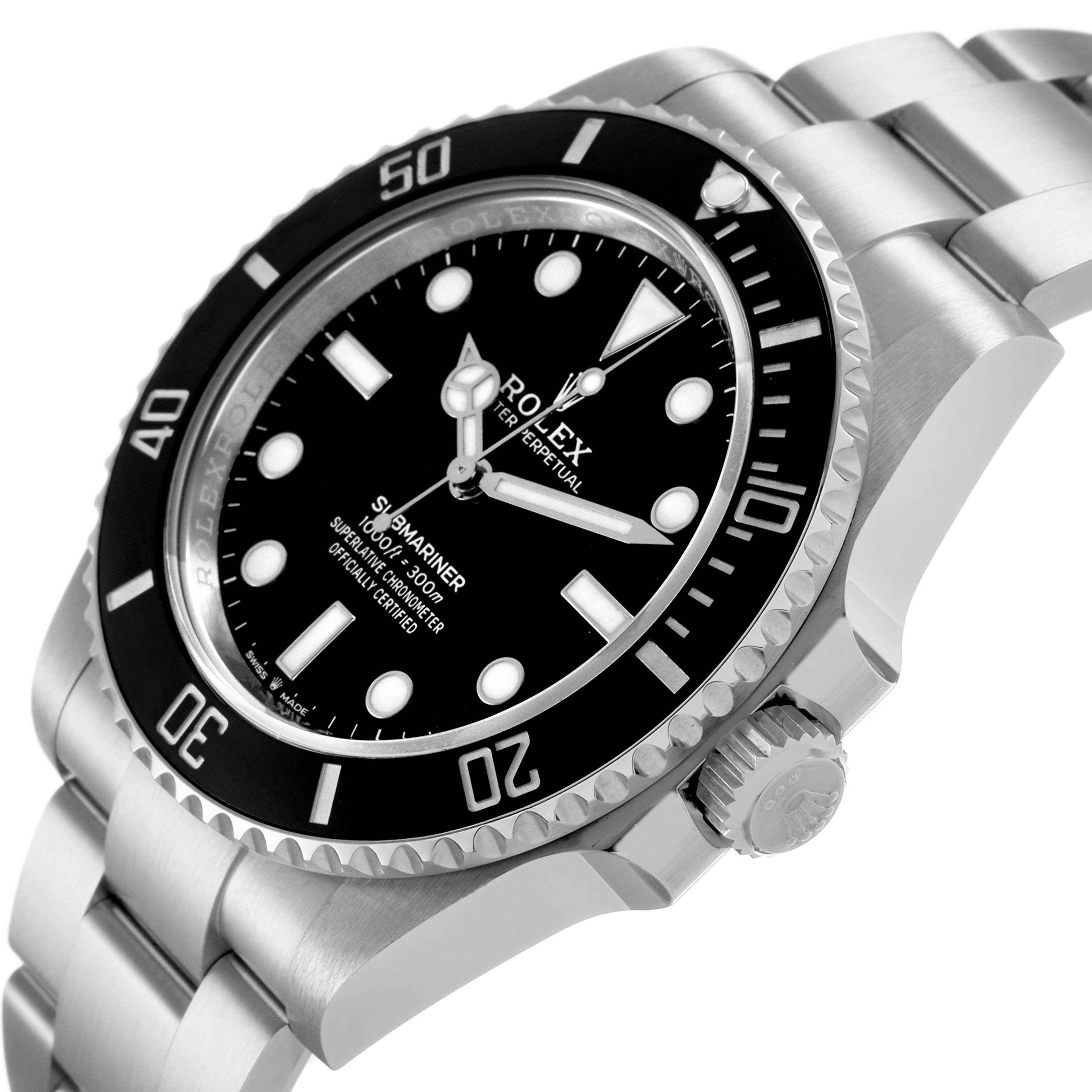 The Rolex Submariner M124060-0001 Men's Stainless Steel Black Dial watch is shown at a three-quarter angle, highlighting the bezel, dial, and stainless steel bracelet.