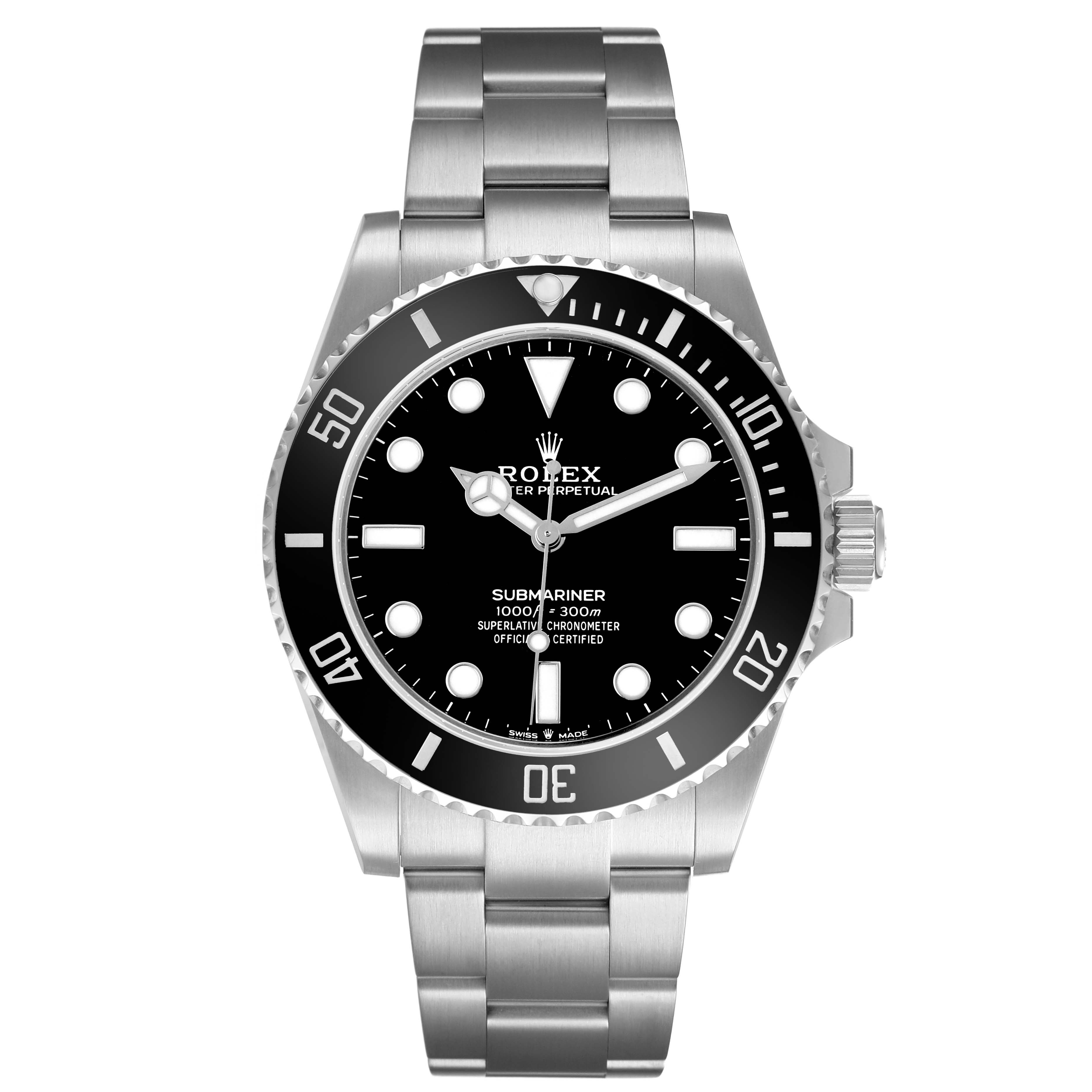 The Rolex Submariner M124060-0001 Men's Stainless Steel Black Dial watch is shown from the front, displaying the dial, bezel, and bracelet.