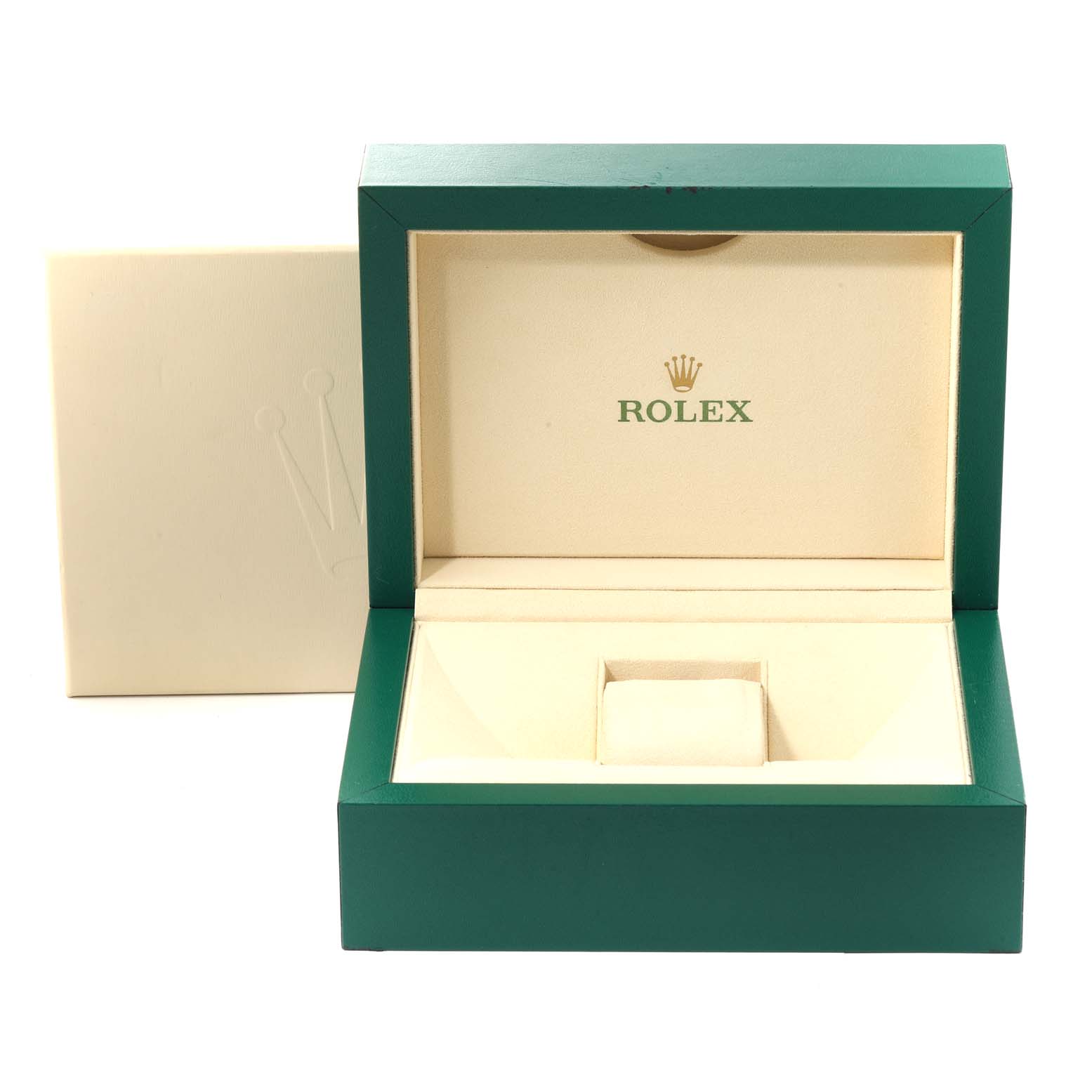 This image shows the open box for the Rolex Submariner 124060 Men
s Stainless Steel Black Dial 124060 Men
s Stainless Steel Black Dial model, featuring the logo and watch cushion.