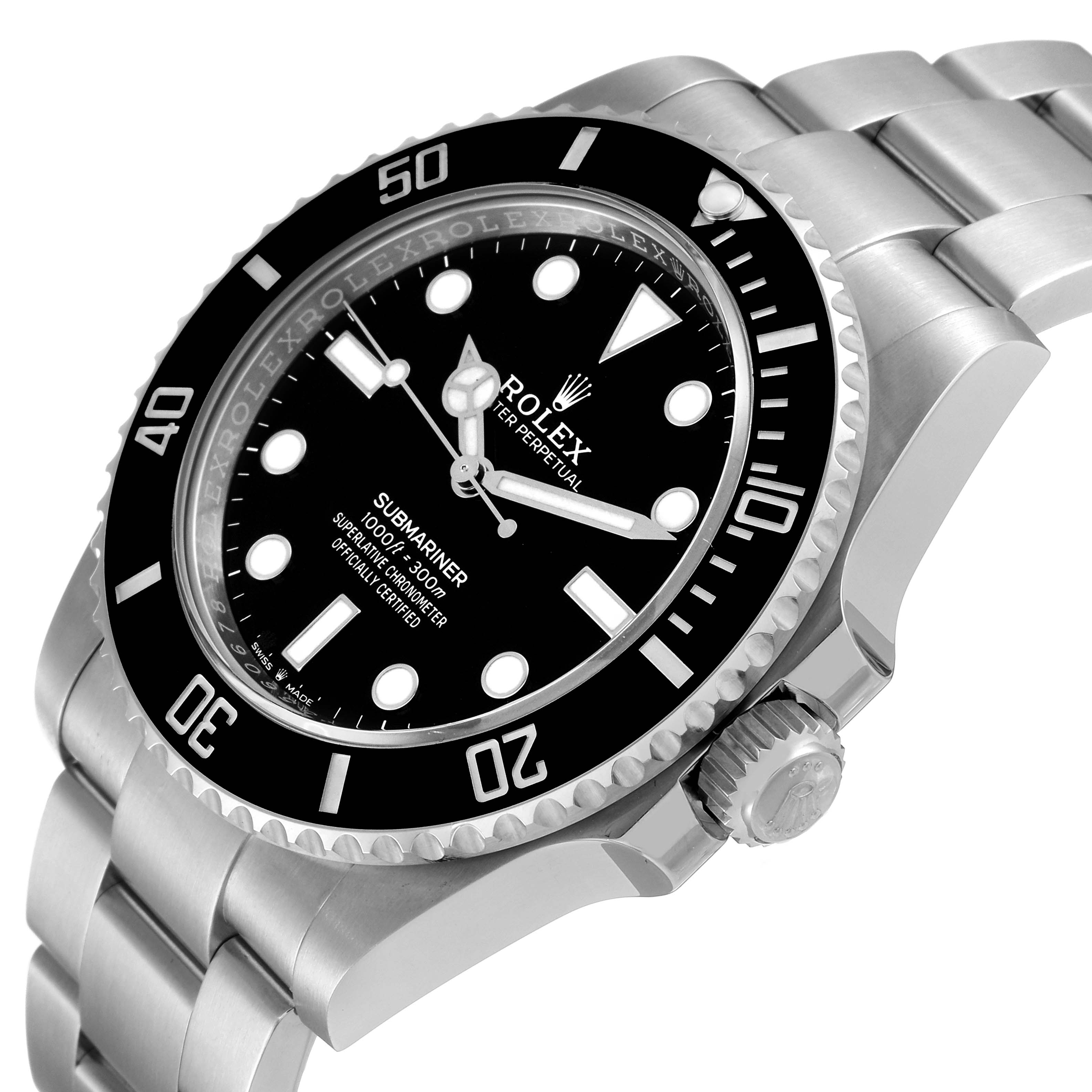 The image shows a close-up view of a Rolex Submariner 124060 Men's Stainless Steel Black Dial 124060 Men's Stainless Steel Black Dial, focusing on the watch face, bezel, crown, and part of the bracelet.