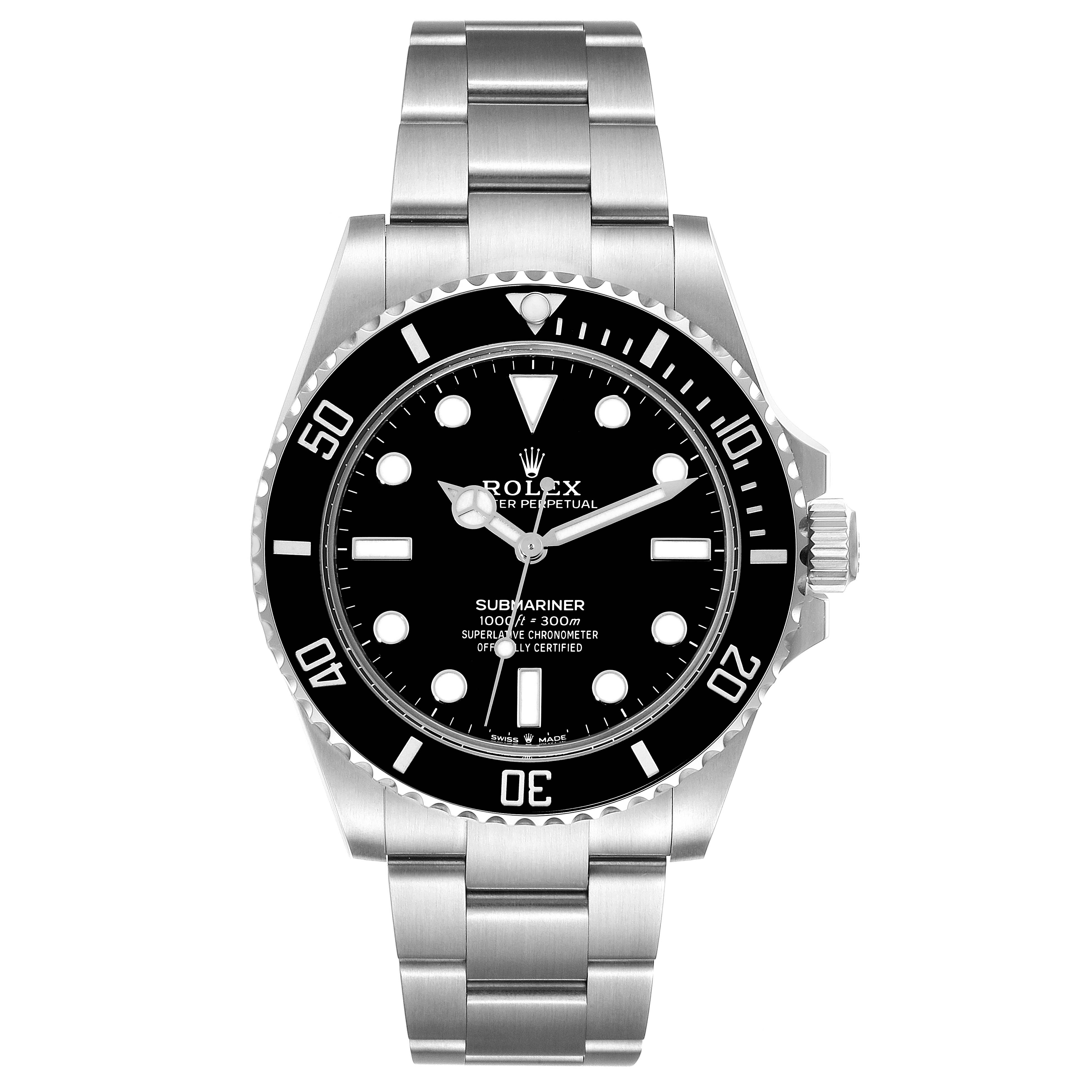 This image shows a frontal view of a Rolex Submariner 124060 Men's Stainless Steel Black Dial 124060 Men's Stainless Steel Black Dial, displaying the dial, bezel, case, and bracelet.