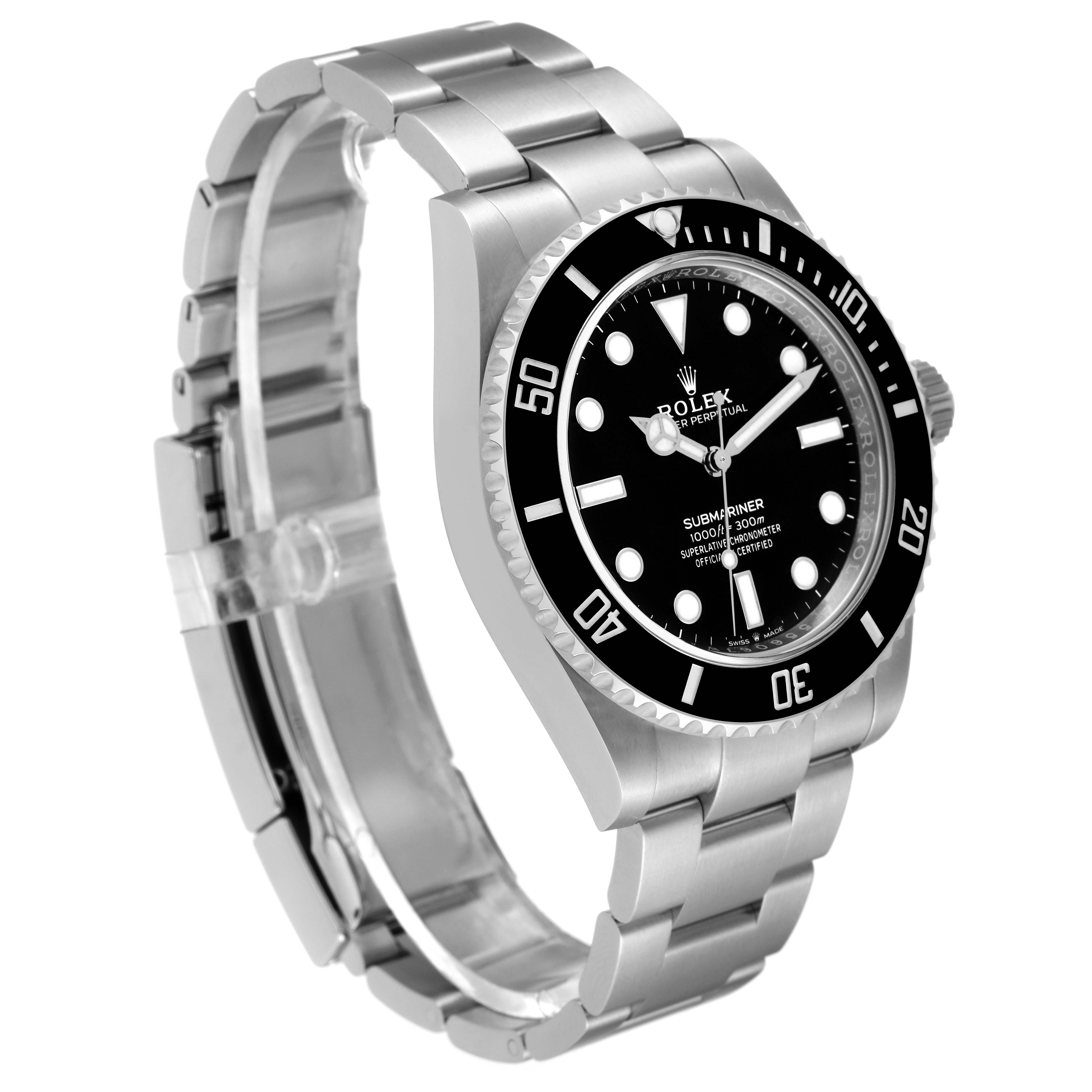 The image shows the Rolex Submariner 124060 Men's Stainless Steel Black Dial 124060 Men's Stainless Steel Black Dial watch at an angled side view, displaying the face, bezel, and part of the metal bracelet.