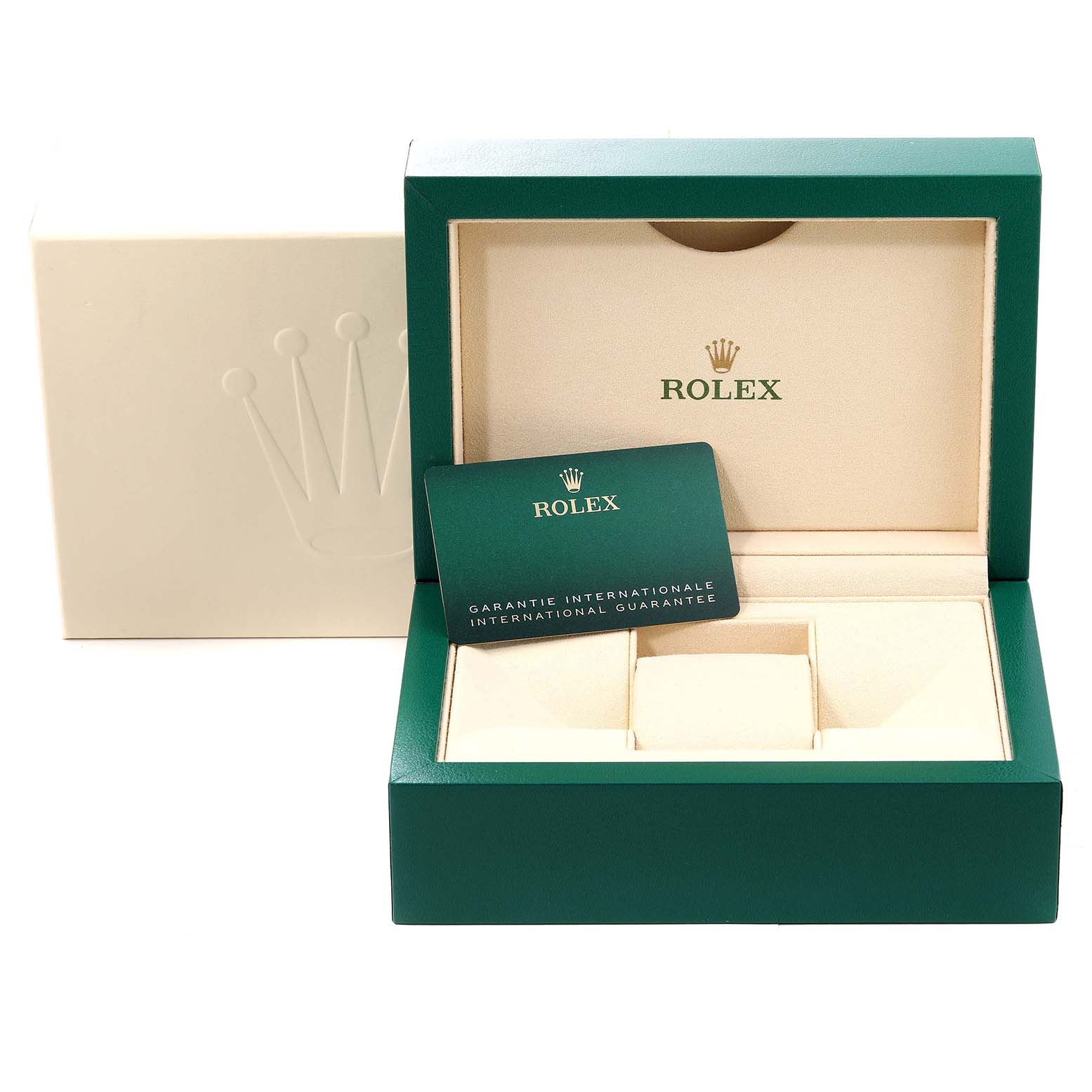 The image shows the open box and international guarantee card for a Rolex Submariner 124060 Men's Stainless Steel Black Dial 124060 Men's Stainless Steel Black Dial watch.
