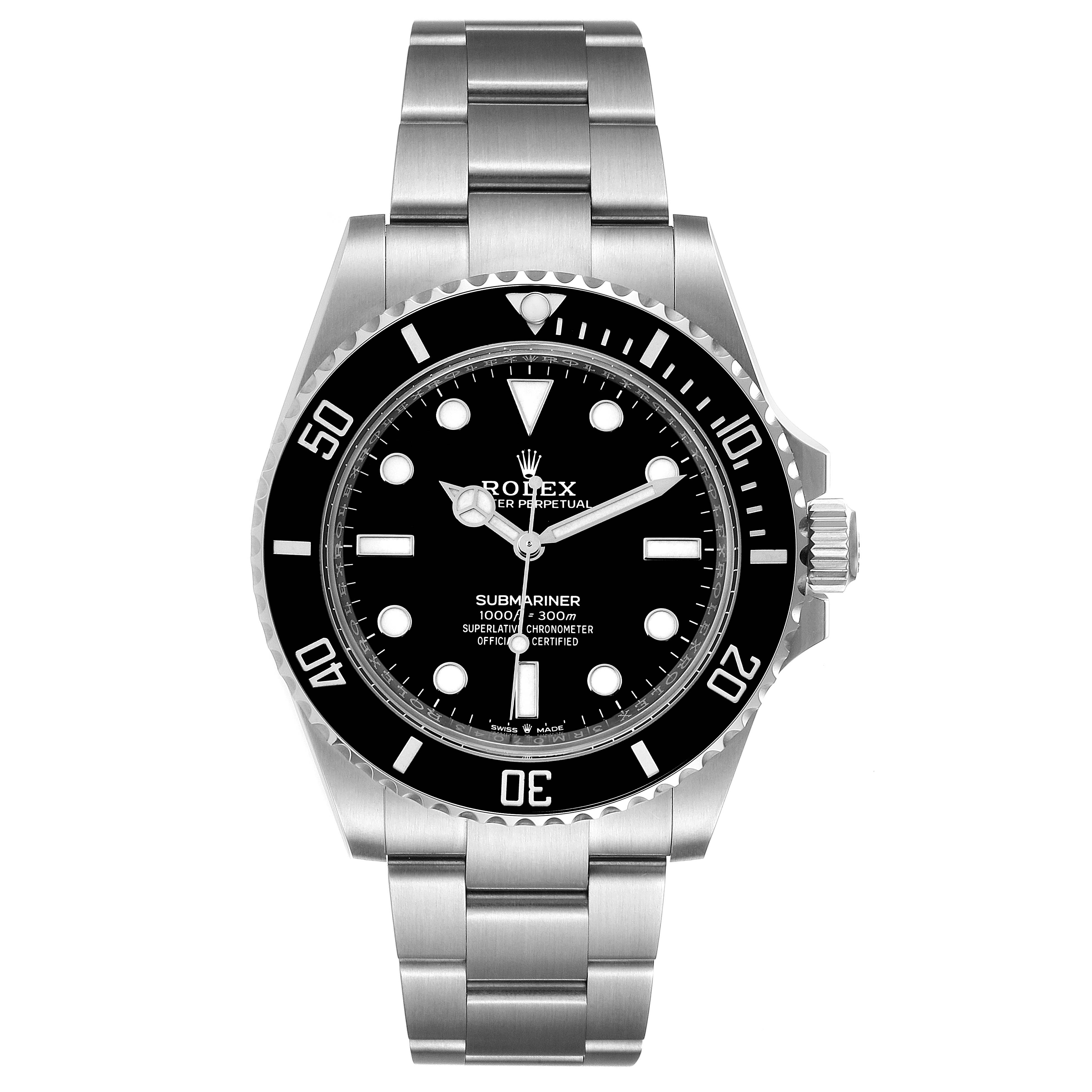 This image shows a frontal view of a Rolex Submariner 124060 Men
s Stainless Steel Black Dial 124060 Men
s Stainless Steel Black Dial watch, including the dial, bezel, and bracelet.