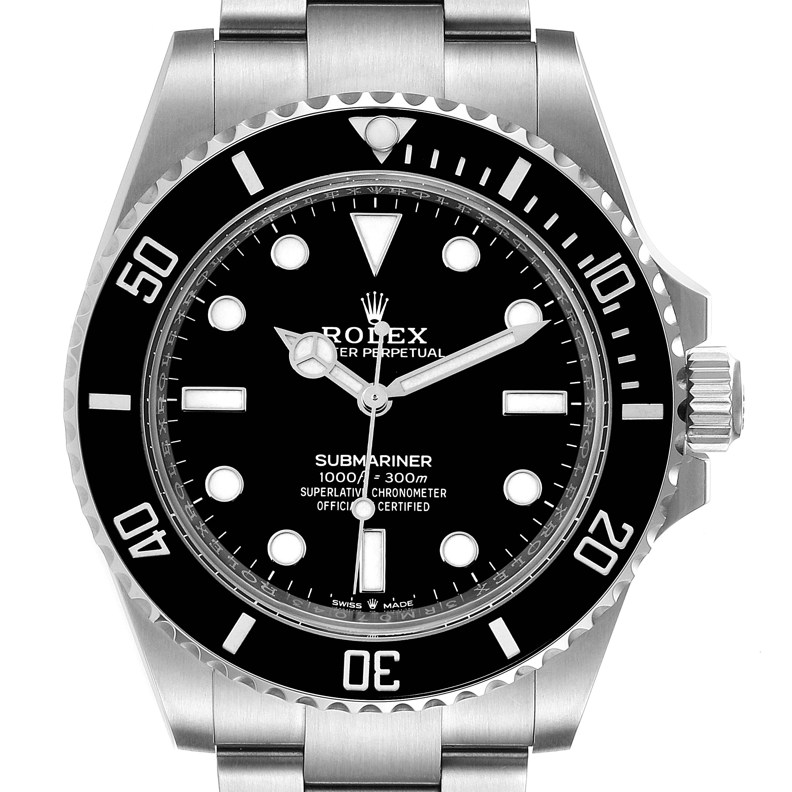 This image shows a frontal view of the Rolex Submariner 124060 Men
s Stainless Steel Black Dial 124060 Men
s Stainless Steel Black Dial watch, displaying the dial, bezel, crown, and part of the bracelet.
