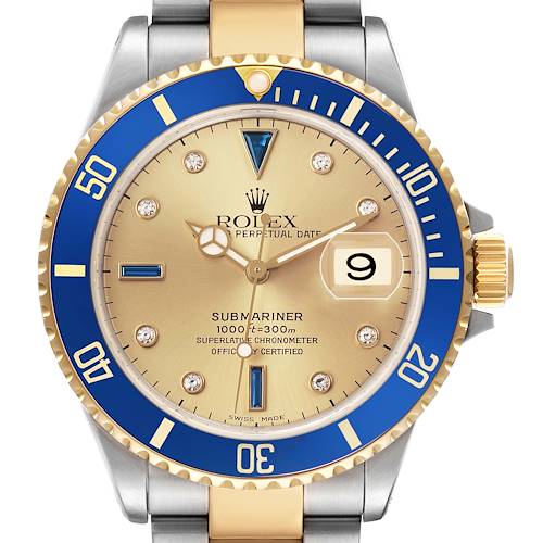 Photo of Rolex Submariner Steel Yellow Gold Champagne Diamond Serti Dial Mens Watch 16613