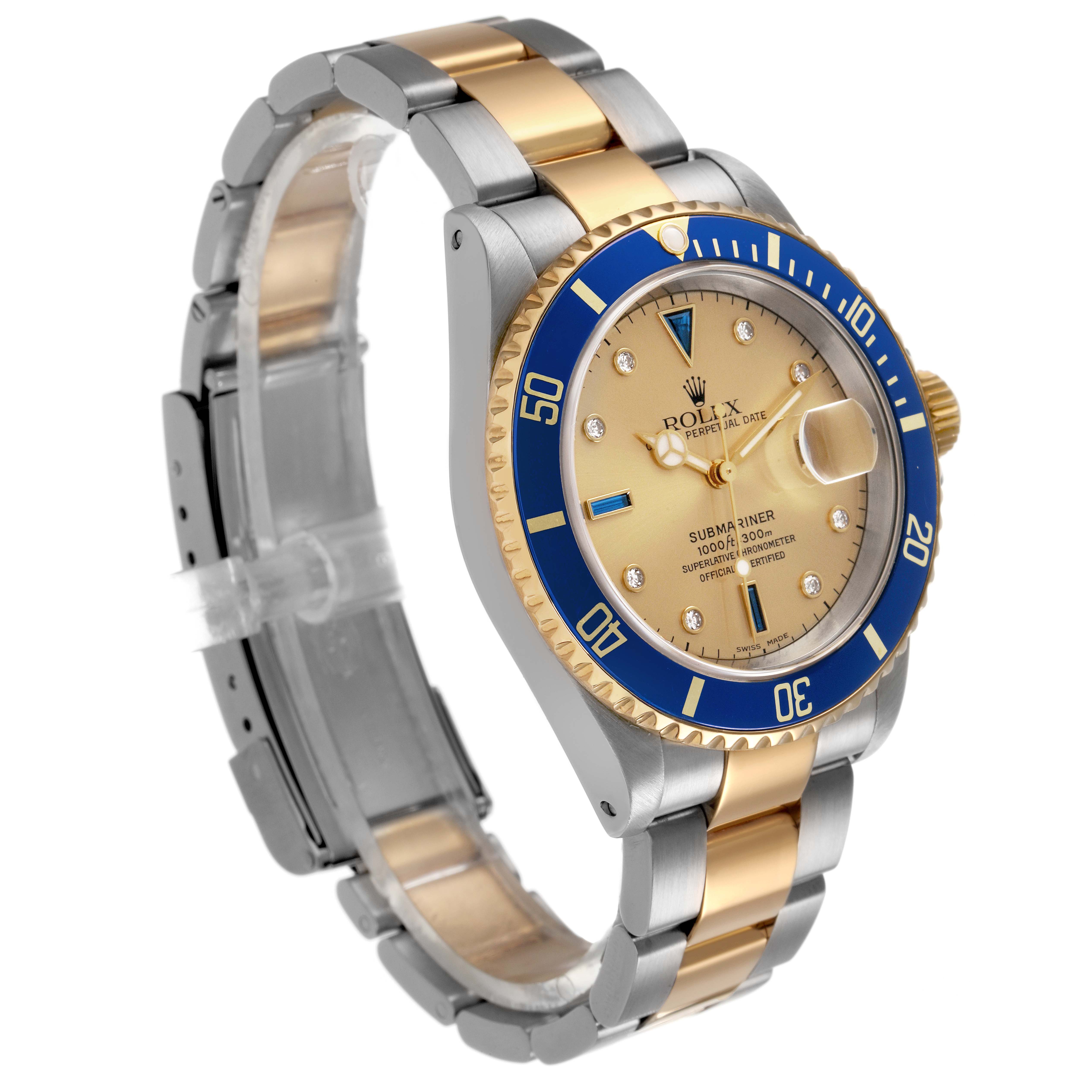 The Rolex Submariner 16613 Men's Steel and Gold (two tone) Blue Dial watch is shown at a three-quarter angle, displaying the bezel, dial, bracelet, and crown.