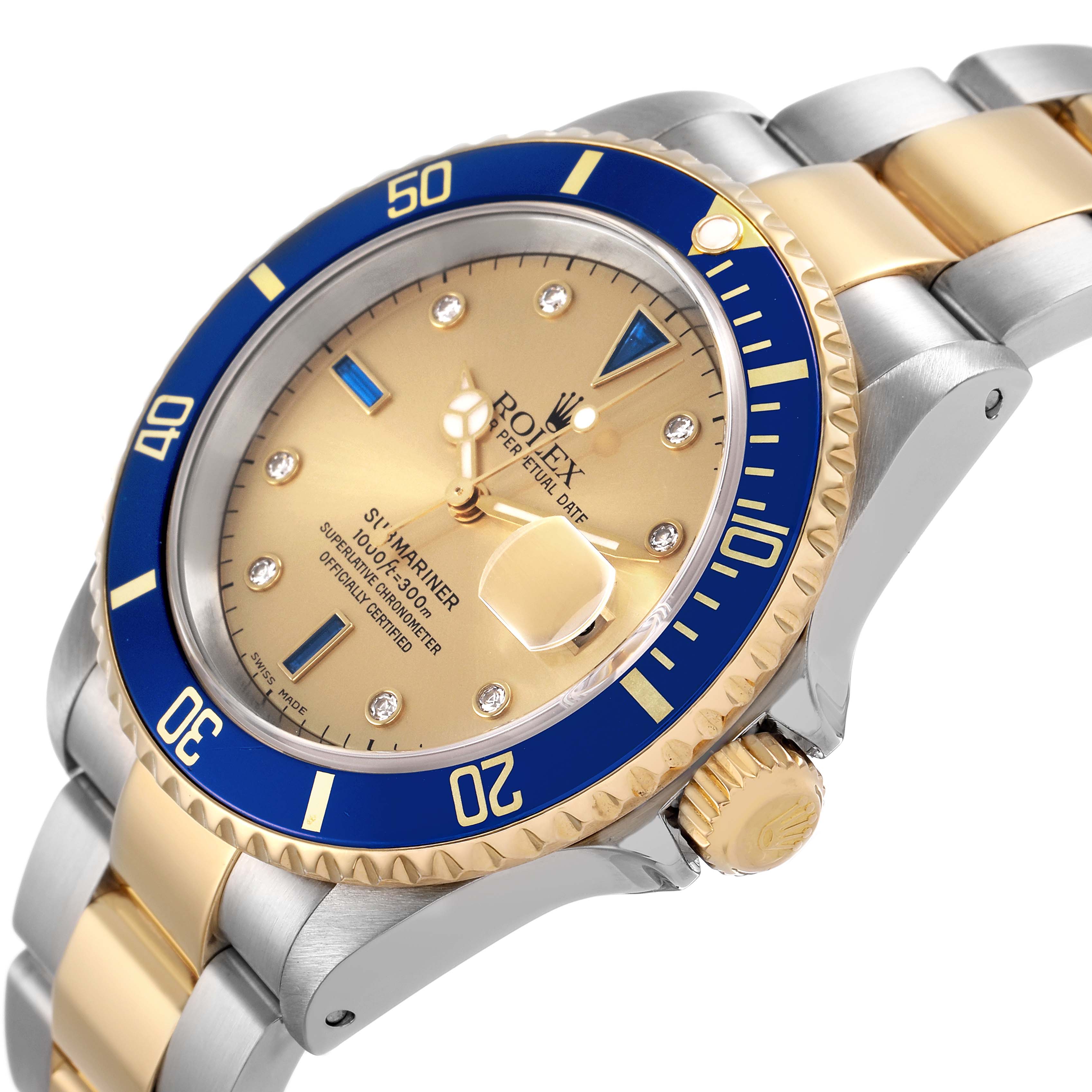 The Rolex Submariner 16613 Men's Steel and Gold (two tone) Blue Dial watch is shown in a three-quarter angle, displaying its blue bezel, gold face, and metal bracelet.