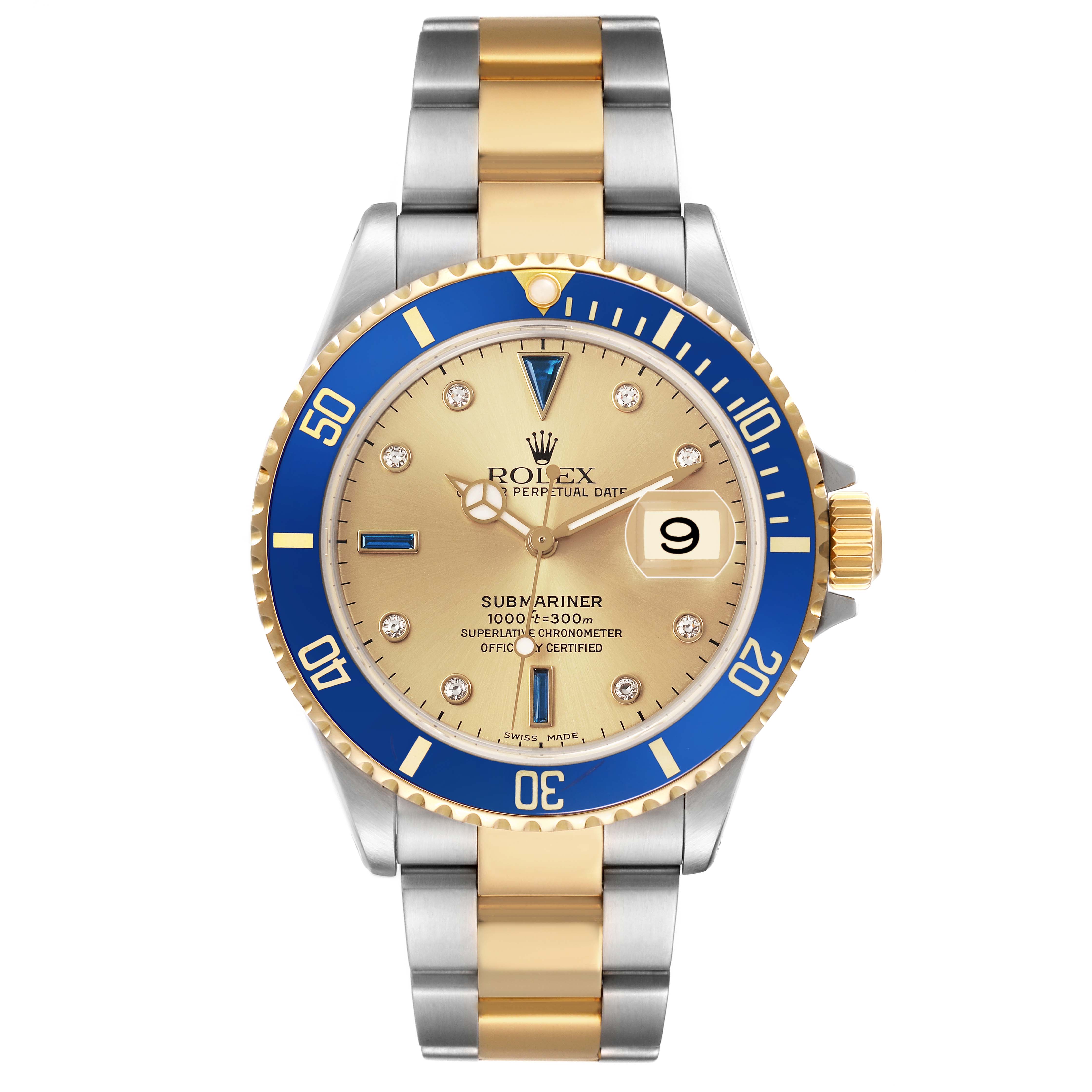 The Rolex Submariner 16613 Men's Steel and Gold (two tone) Blue Dial watch is shown from the front, displaying the dial, bezel, crown, and bracelet.