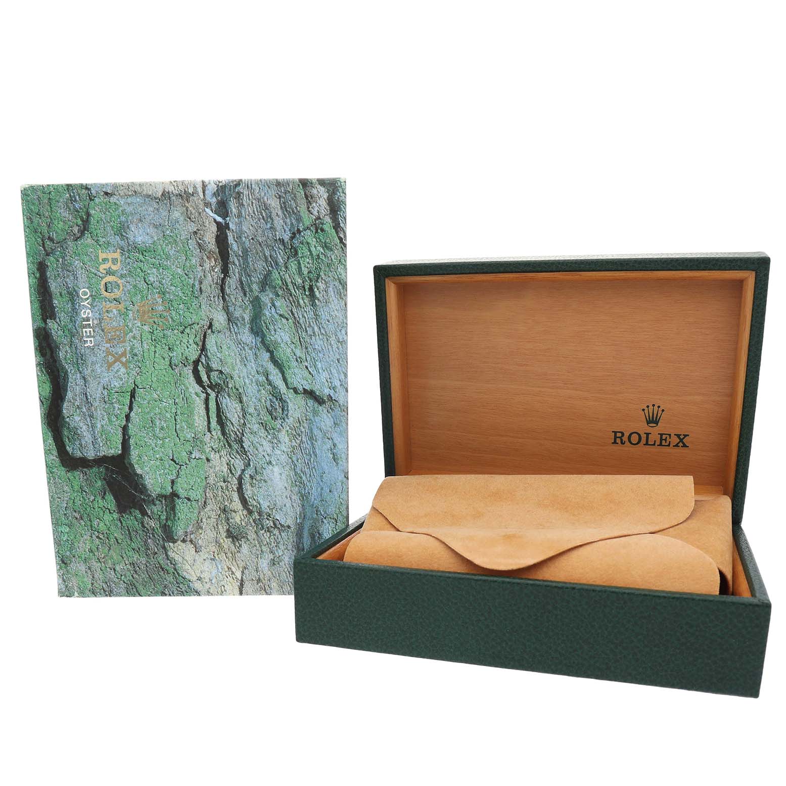 The image shows a Rolex Submariner 16613 Men's Steel and Gold (two tone) Blue Dial packaging, including the outer box, inner box, and a protective pouch.