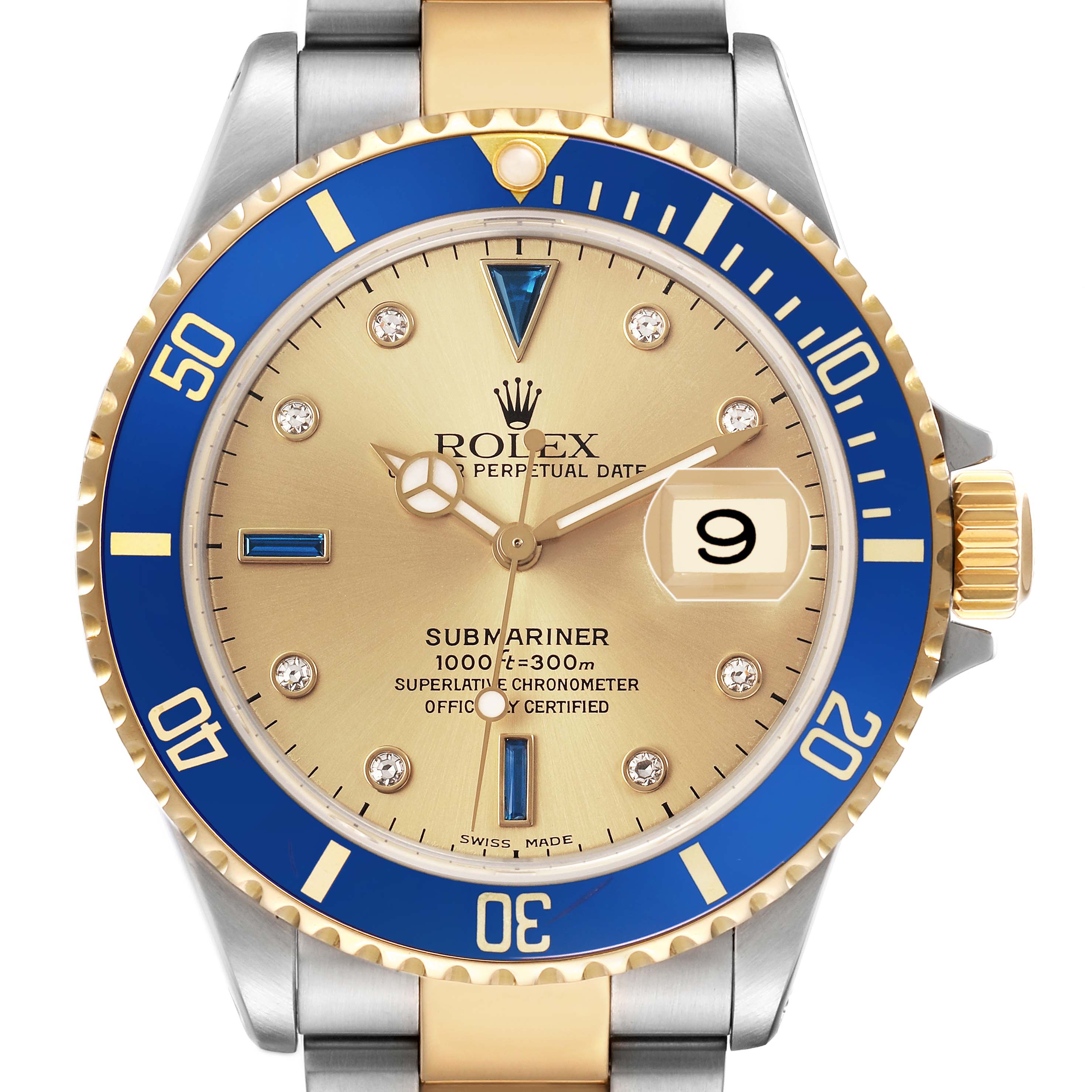The Rolex Submariner 16613 Men's Steel and Gold (two tone) Blue Dial watch is shown from the front, highlighting its face, bezel, and part of the bracelet.