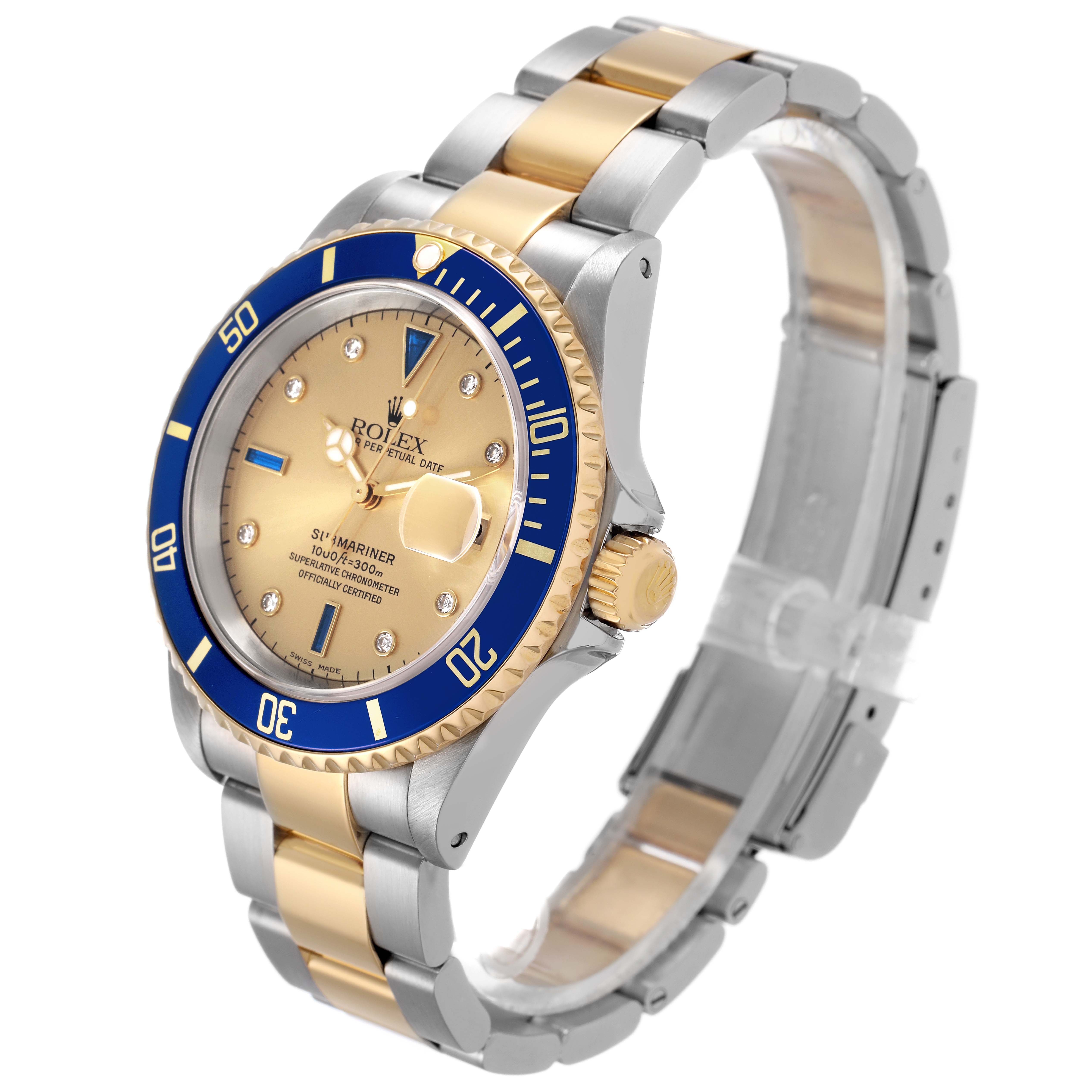 The Rolex Submariner 16613 Men's Steel and Gold (two tone) Blue Dial watch is shown at a three-quarter angle, highlighting the dial, bezel, bracelet, and crown.